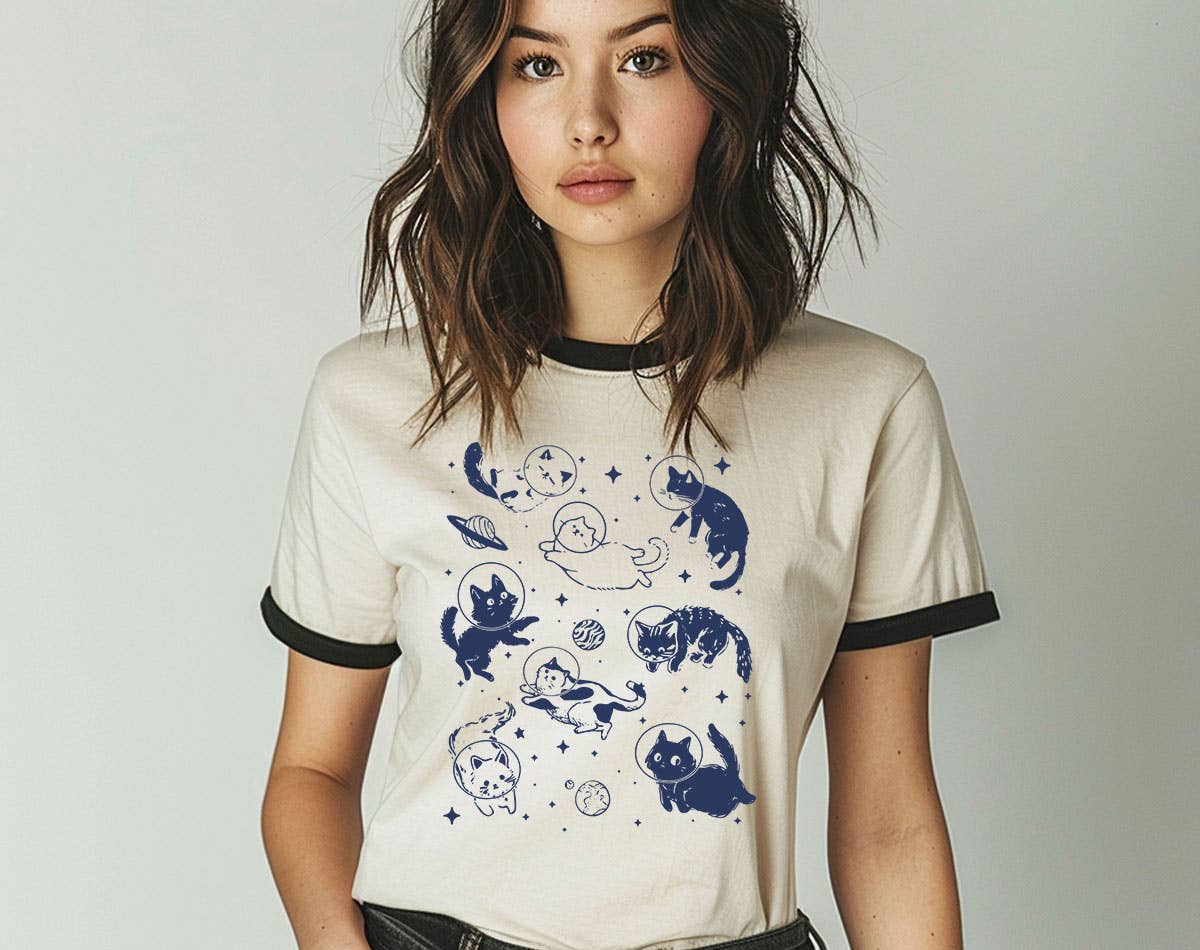 Cats Floating in Space - Cute Funny Cat Parody Ringer Shirt