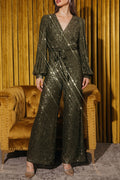 Long Sleeve V Neck Sequin Jumpsuit