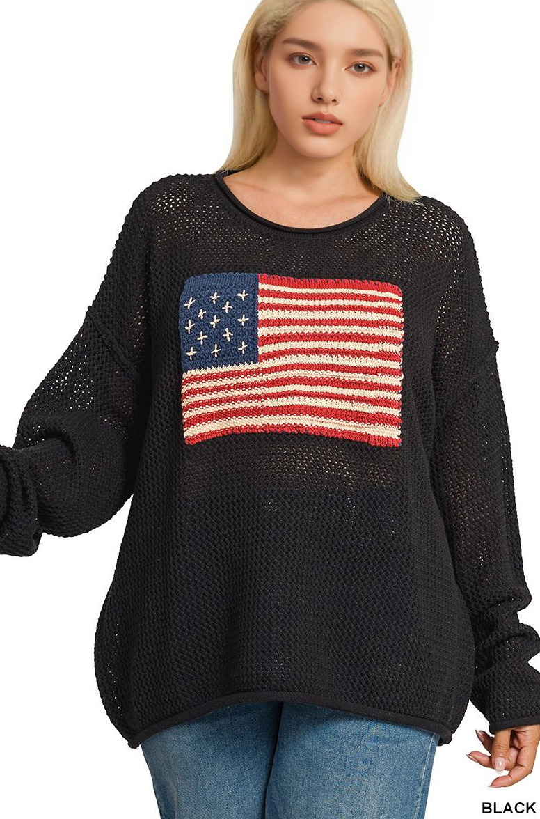 0819 Plus American Flag Crew Neck Sweater SI-28626