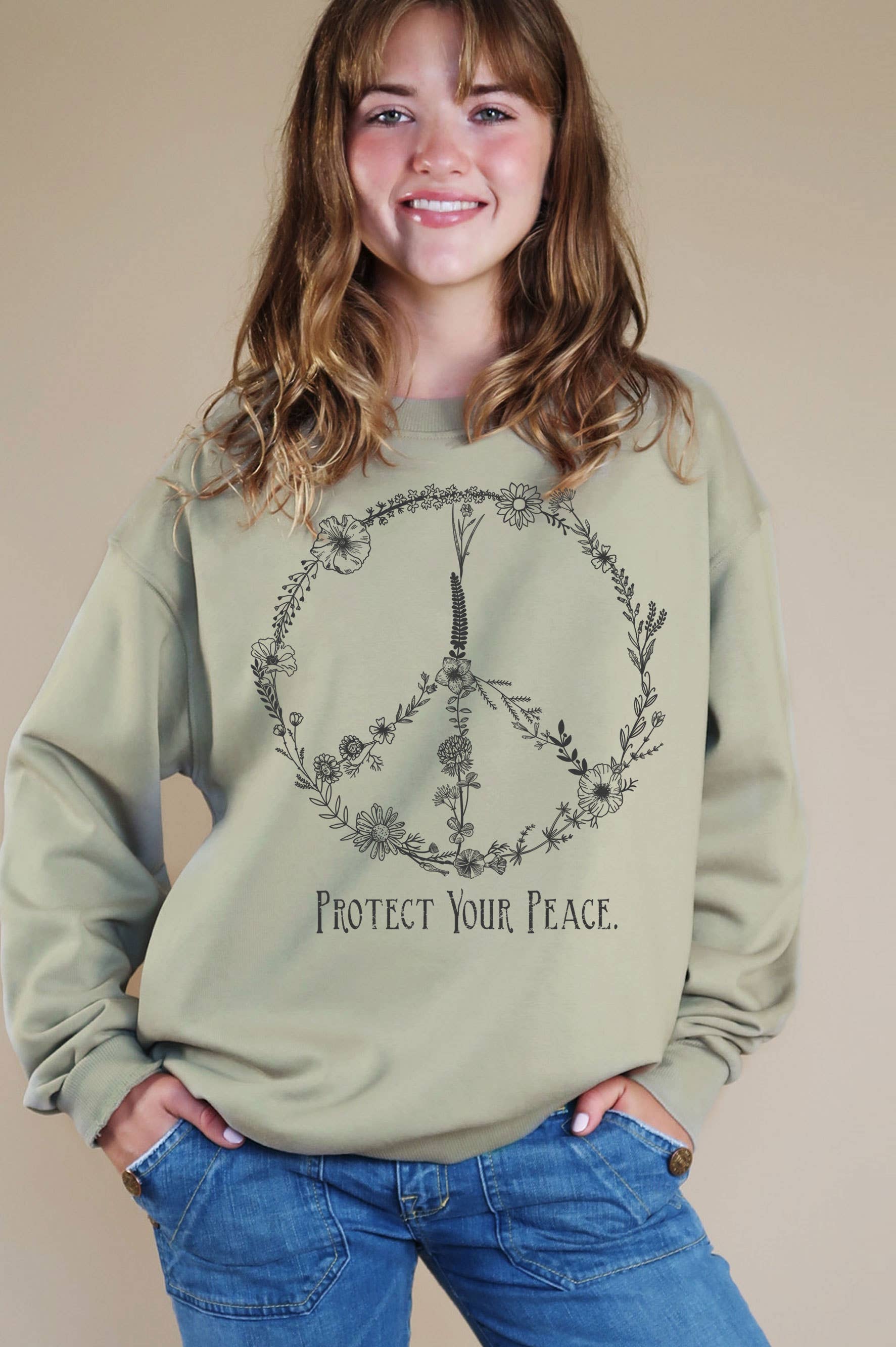 Peace Floral Graphic Brushed Sweatshirts