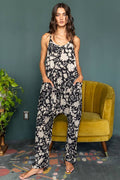 R5288AC Drop Crotch V-Neck Floral Knit Jumpsuit