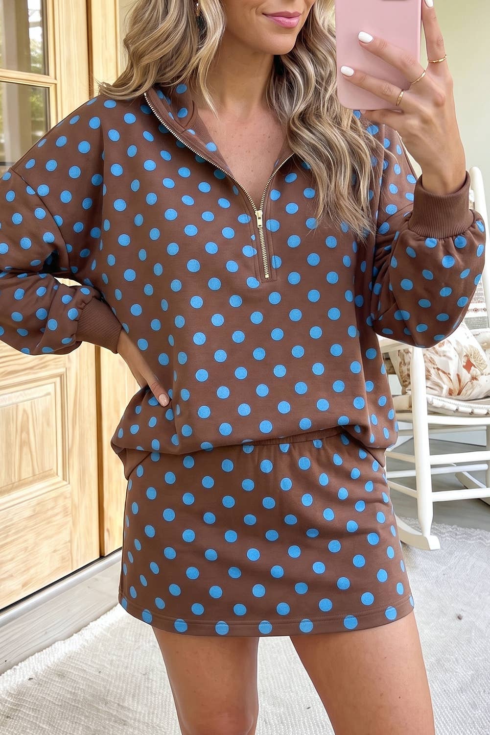 Polka Dot Hooded Long Sleeve Top Casual Mini Skort Set(S-Xl)