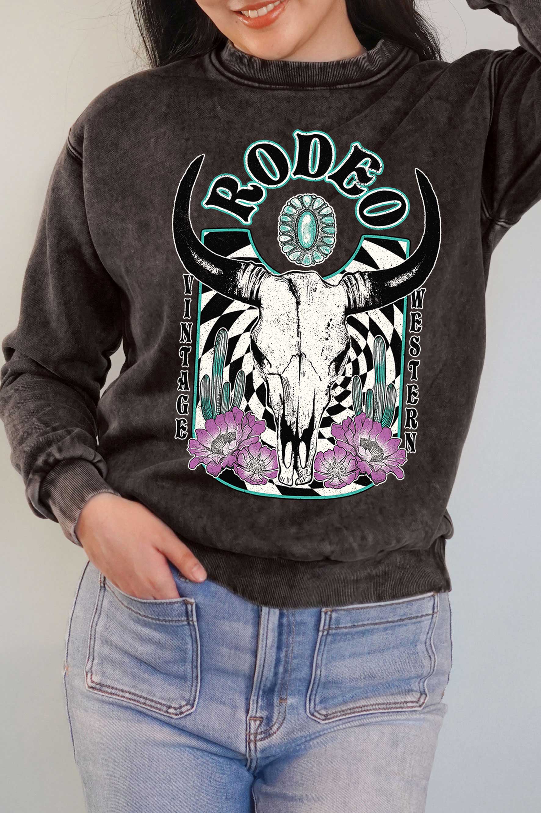 Rodeo Vintage Western Cow Graphic Mineral Brushed Sweatshirt