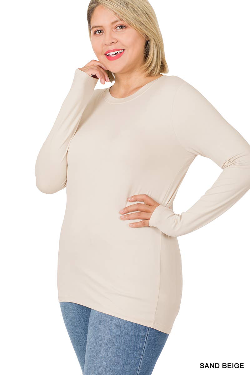 ...Plus Brushed Microfiber Long Sleeve Round Neck Tee