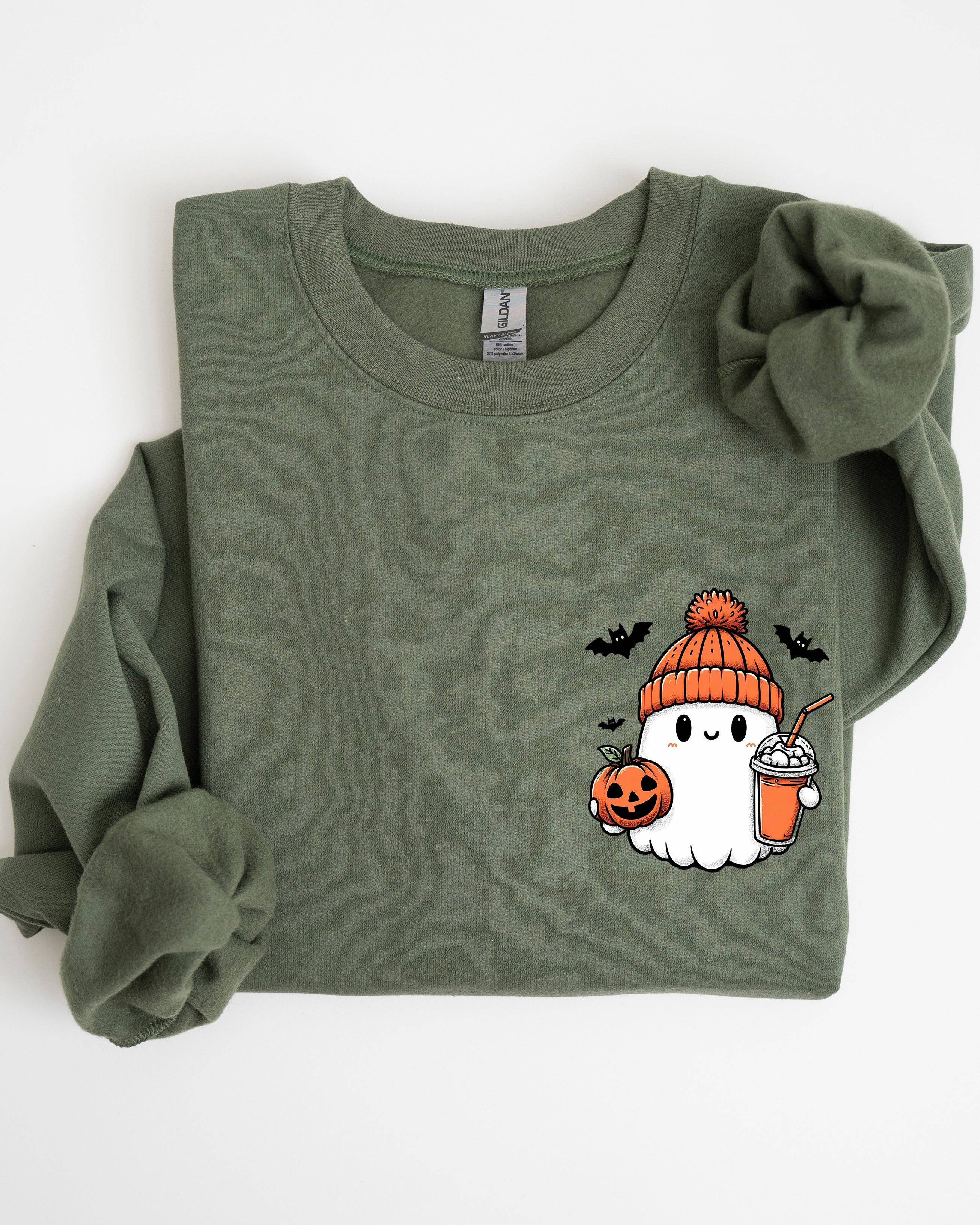 Cute Orange Ghost Pocket Print Halloween Coffee Sweatshirt
