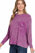 1230 Washed Dolman Sleeve Round Neck Top with A Pocket SI-25307