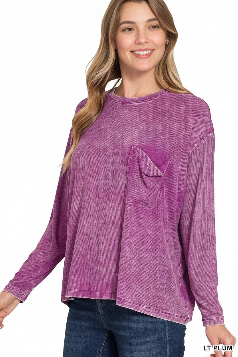 1230 Washed Dolman Sleeve Round Neck Top with A Pocket SI-25307