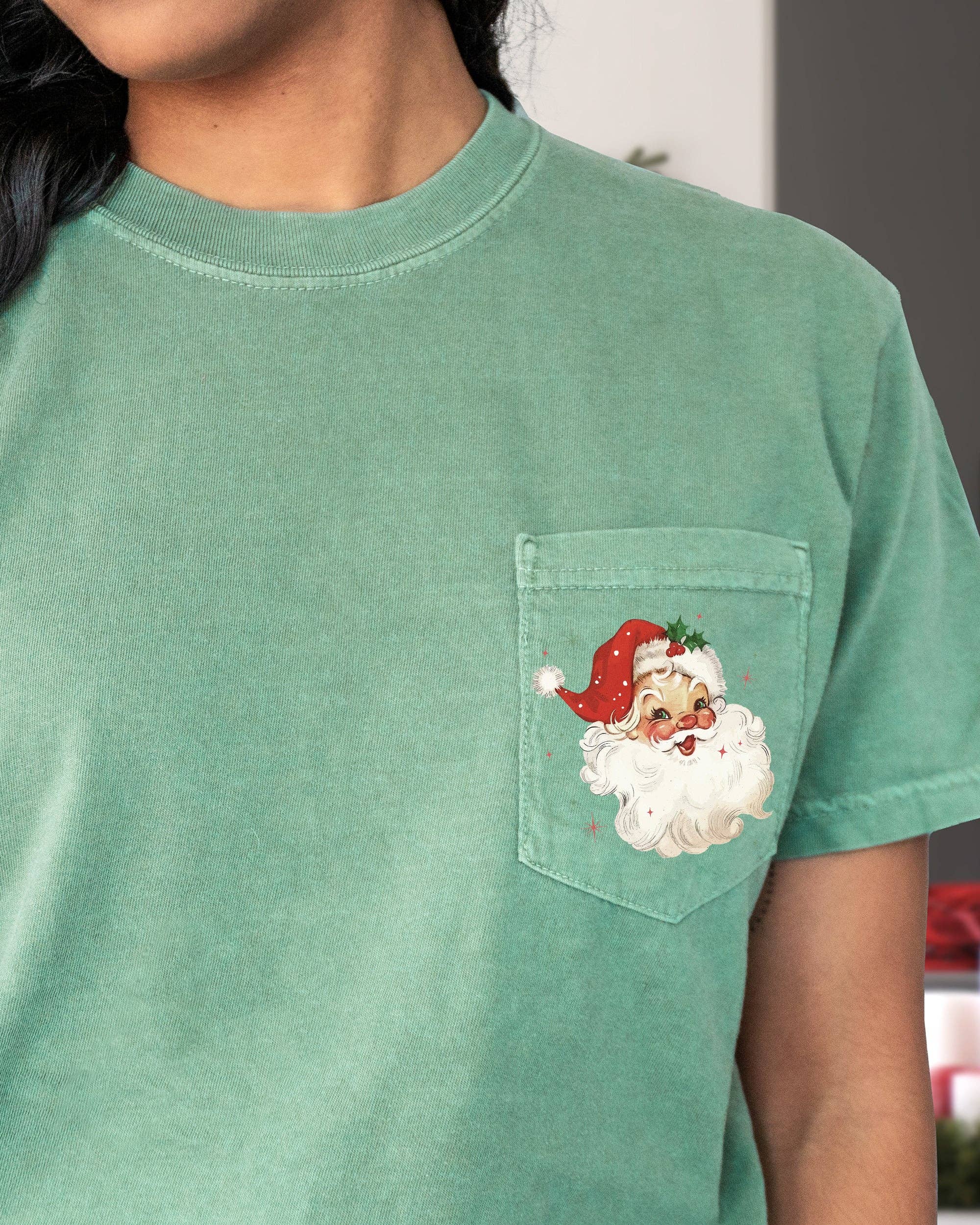 Retro Santa, Sparkles, Pocket, Pink Hat, Xmas Pocket Tee