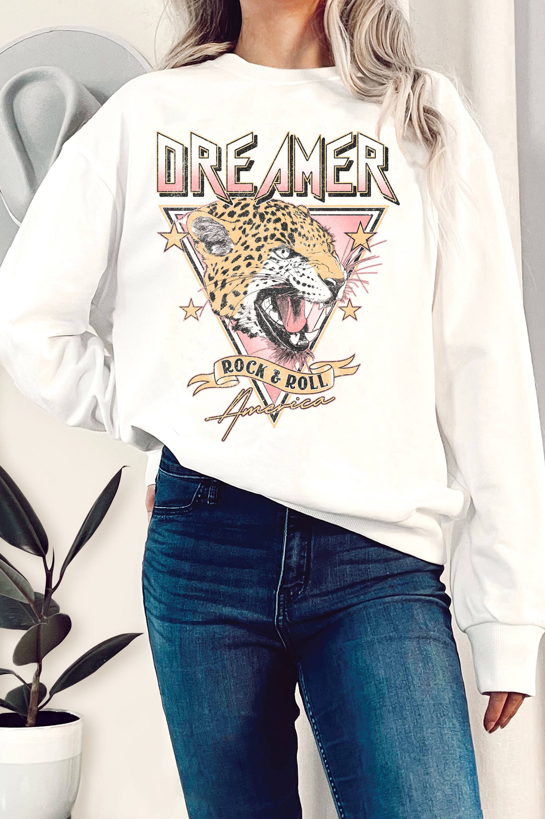Dreamer Rock and Roll Leopard Graphix Terry Sweatshirts