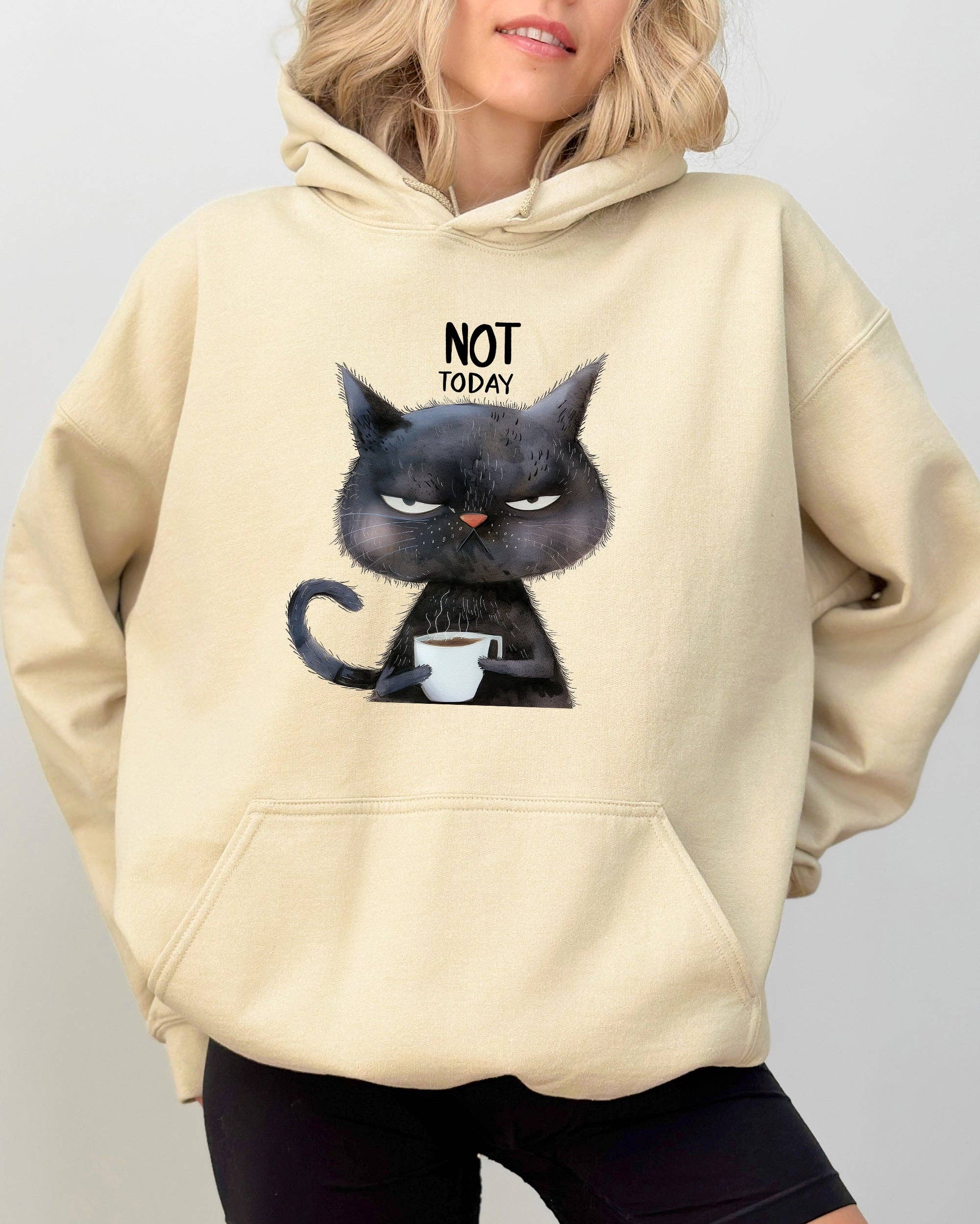 Not Today, Cat, Grumpy, Coffee, Funny Meme Hooded Sweatshirt