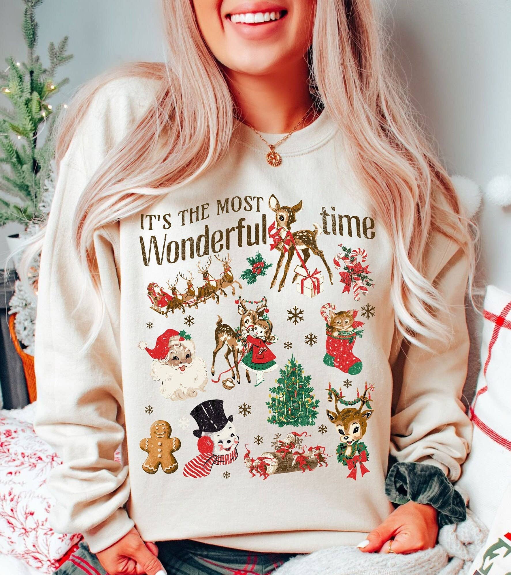 Vintage Christmas Doodles Sweatshirt, Retro Holiday Apparel