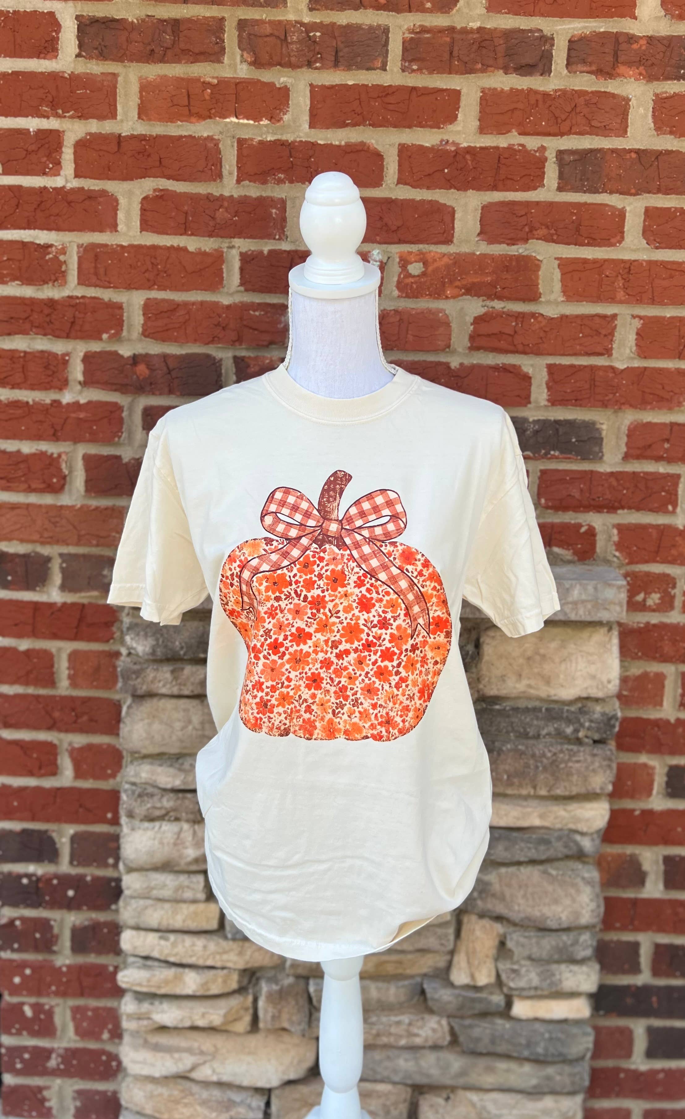 Floral Pumpkin with Brown Gingham Bow On Ivory Cc