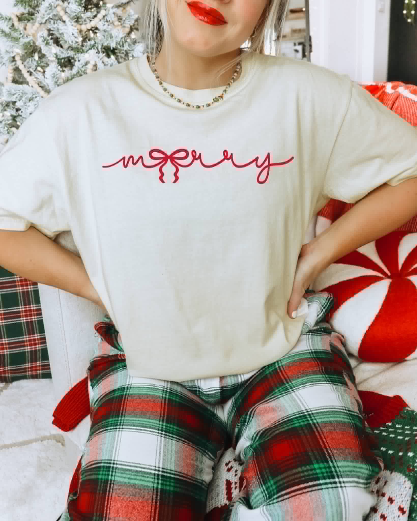 Merry Red Bow Cream Christmas in July Holiday Graphic Tee