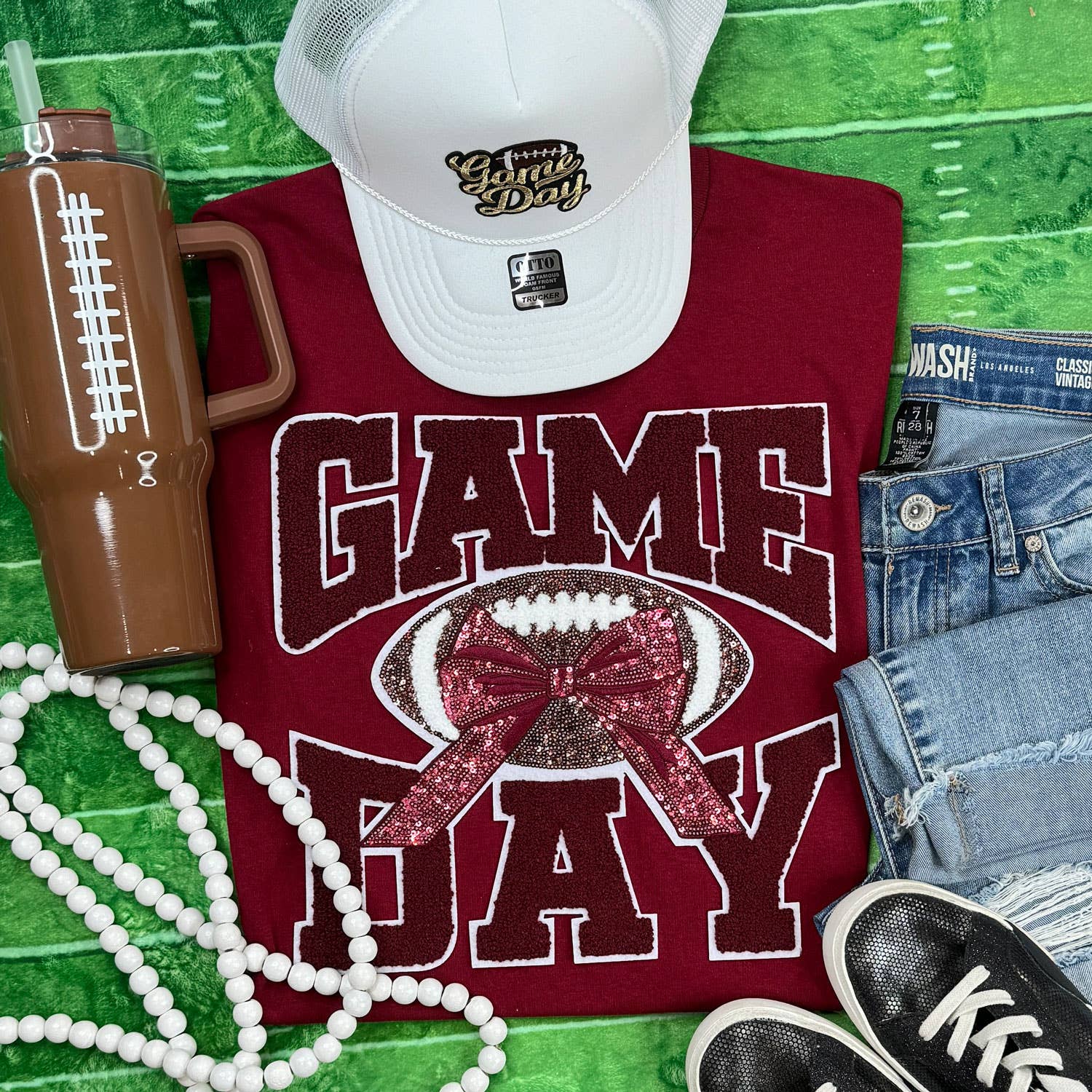 Maroon Chenille Football Game Day with Sequin Bow Patch Garnet Crewneck Sweatshirt