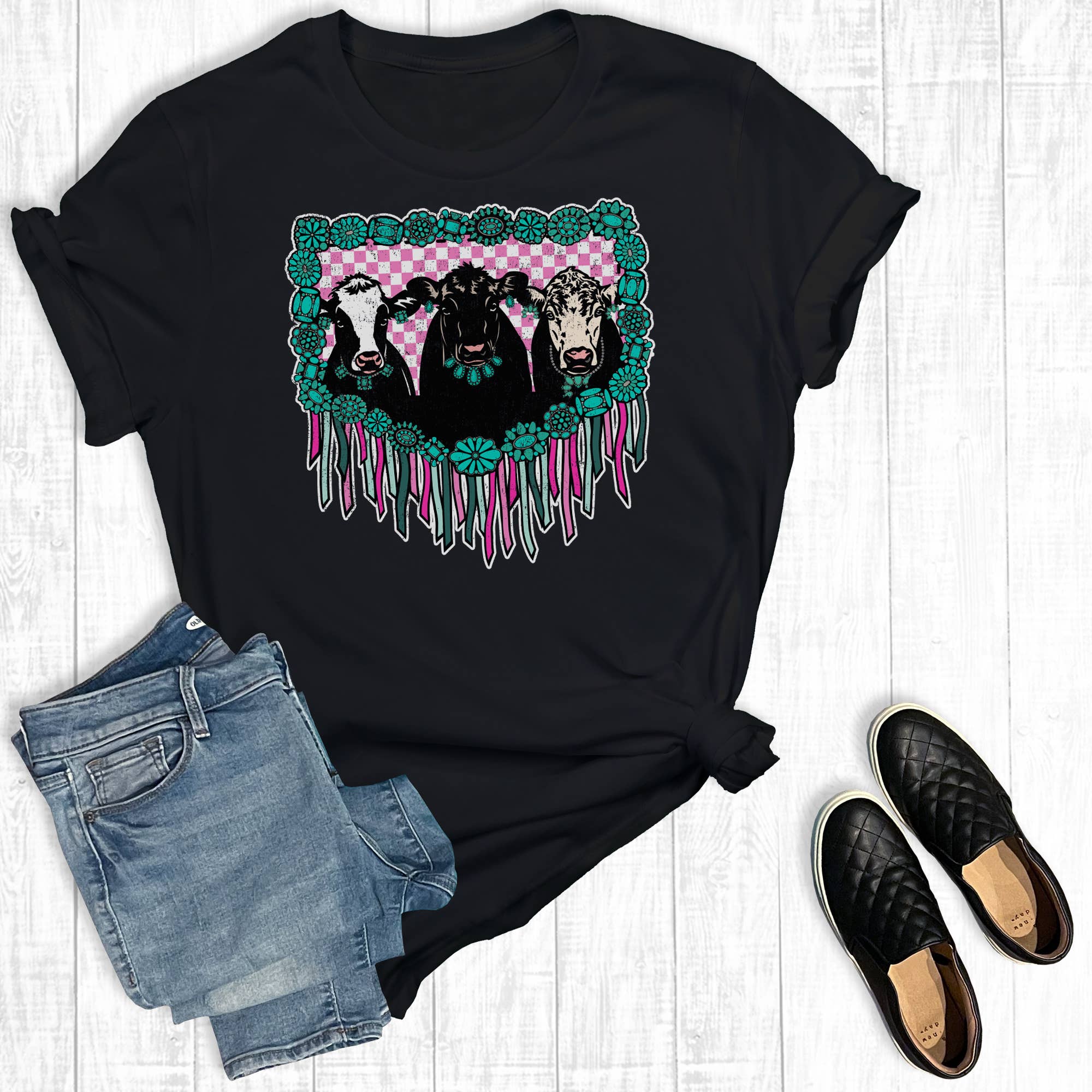 Western Fringe Turquoise Cows Graphic Tee