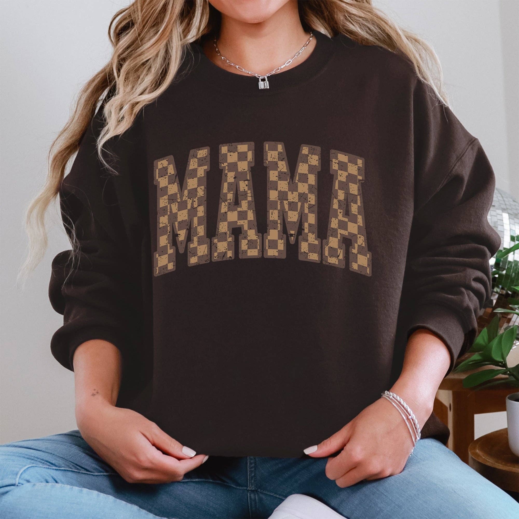 Mama, Brown Checkered, Retro Varsity Mother's Day Sweatshirt