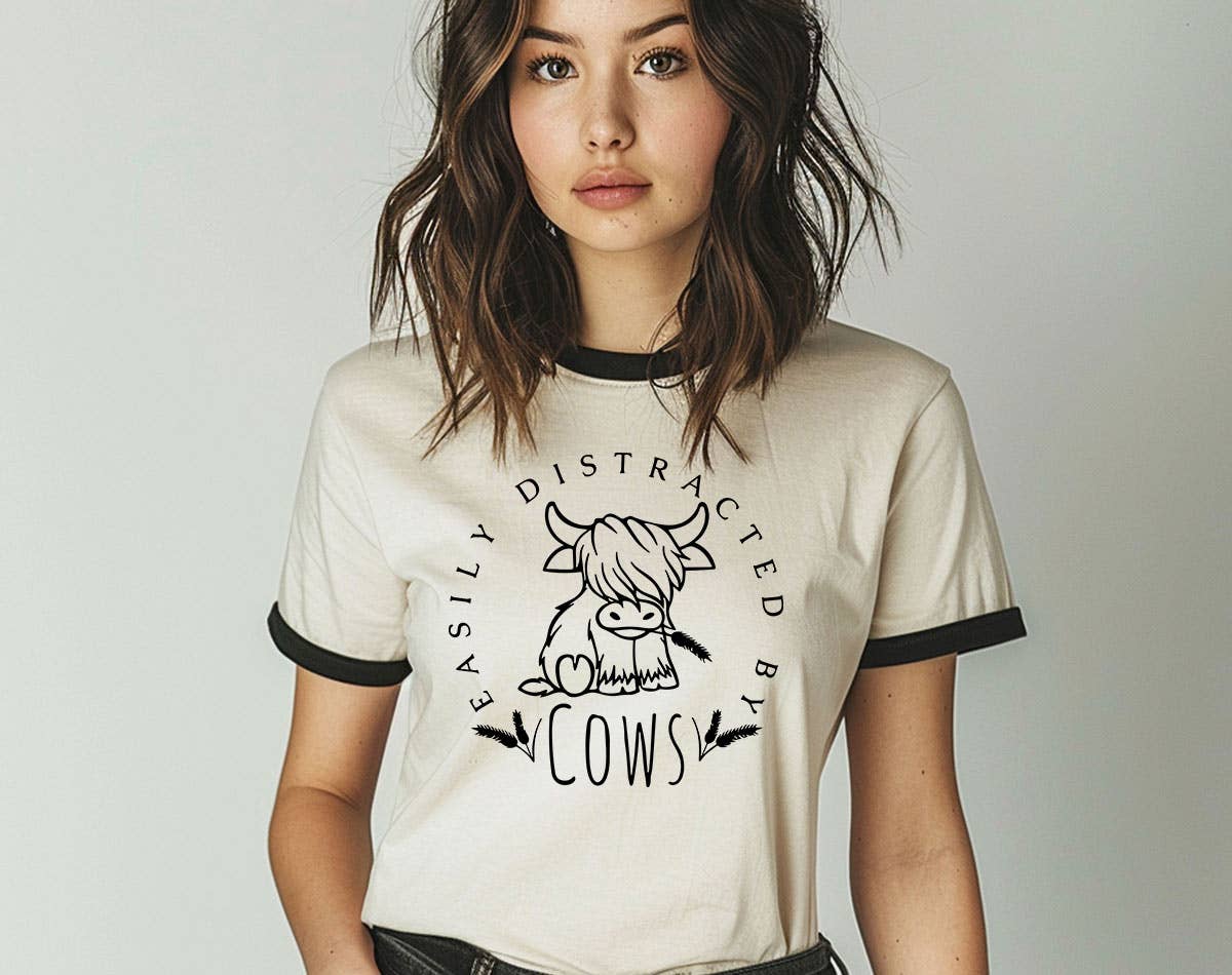 Easily Distracted By Cows -  Funny Highland Cow Ringer Shirt
