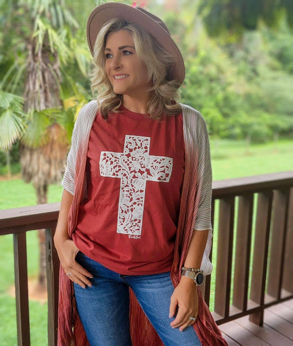 Rust Lace Cross Tultex Faith Based Fall Graphic Tee