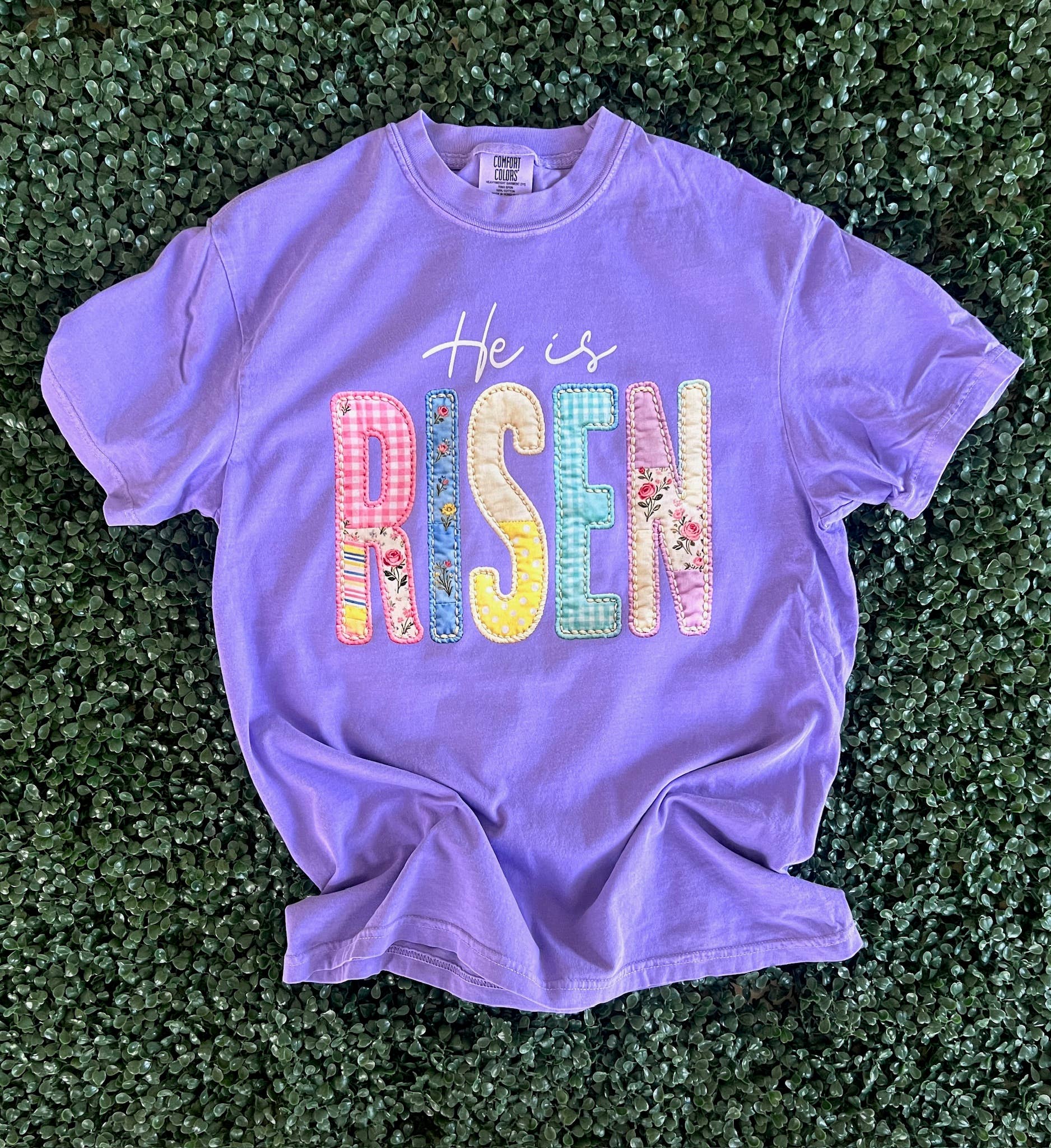 Quilted He Is Risen On Comfort Colors Violet