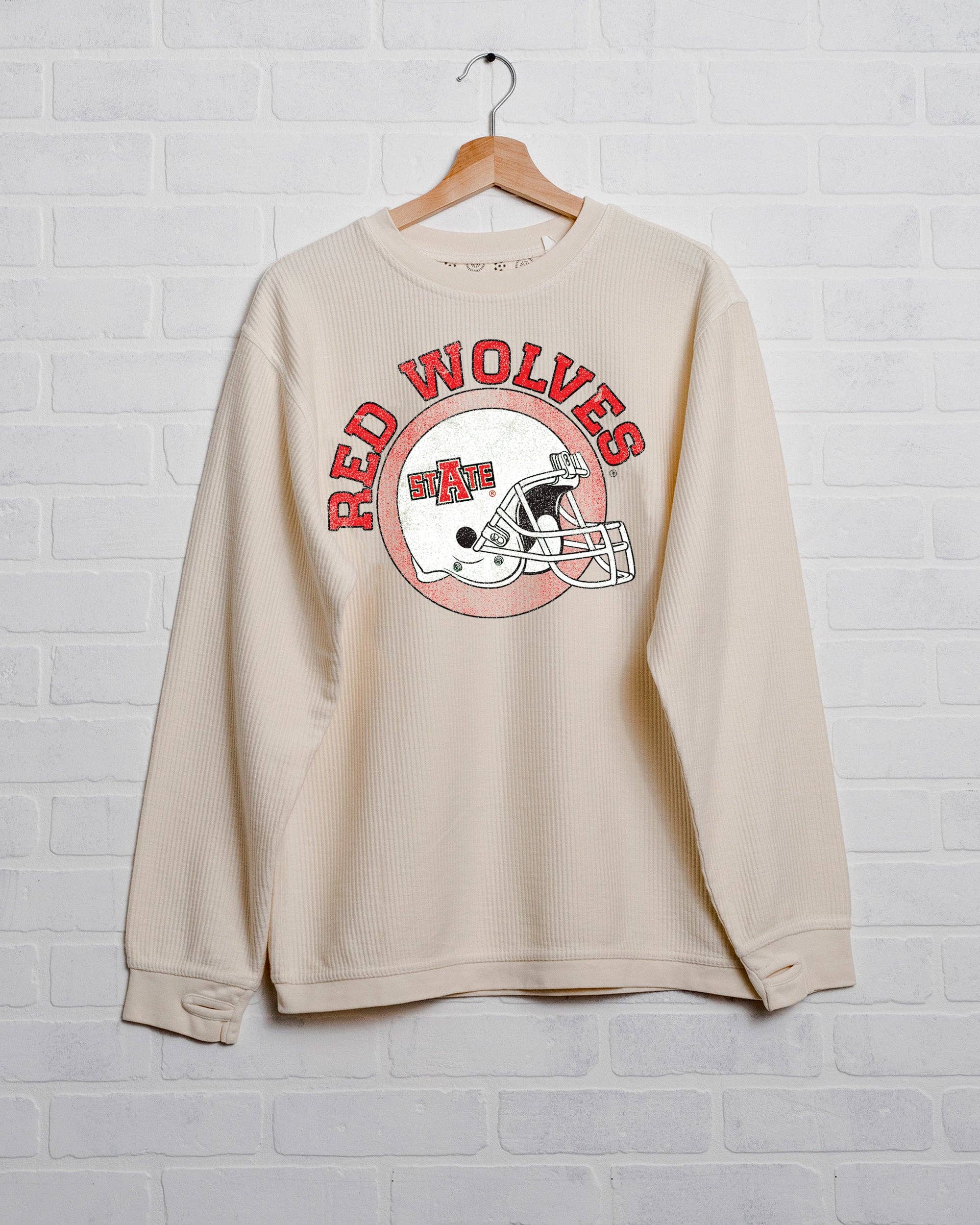 Asu Red Wolves Helmet Circle Ivory Corded Crew Sweatshirt