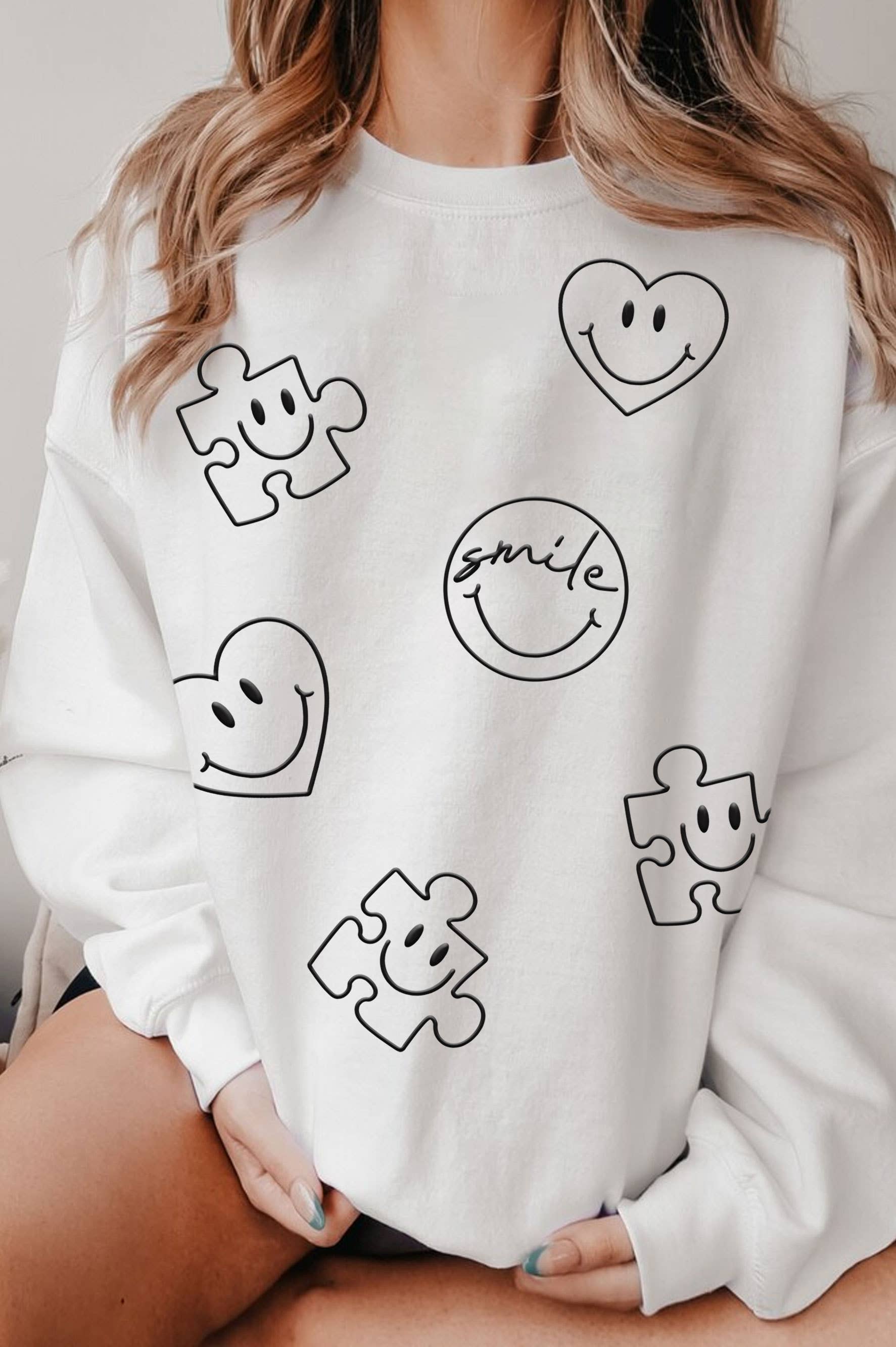 Smile Heart Puff Front&Back Graphic Brushed Sweatshirts