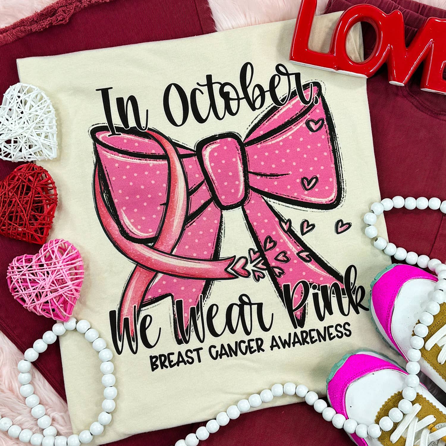 In October We Wear Pink Breast Cancer Awareness Soft Cream Everyday Tee