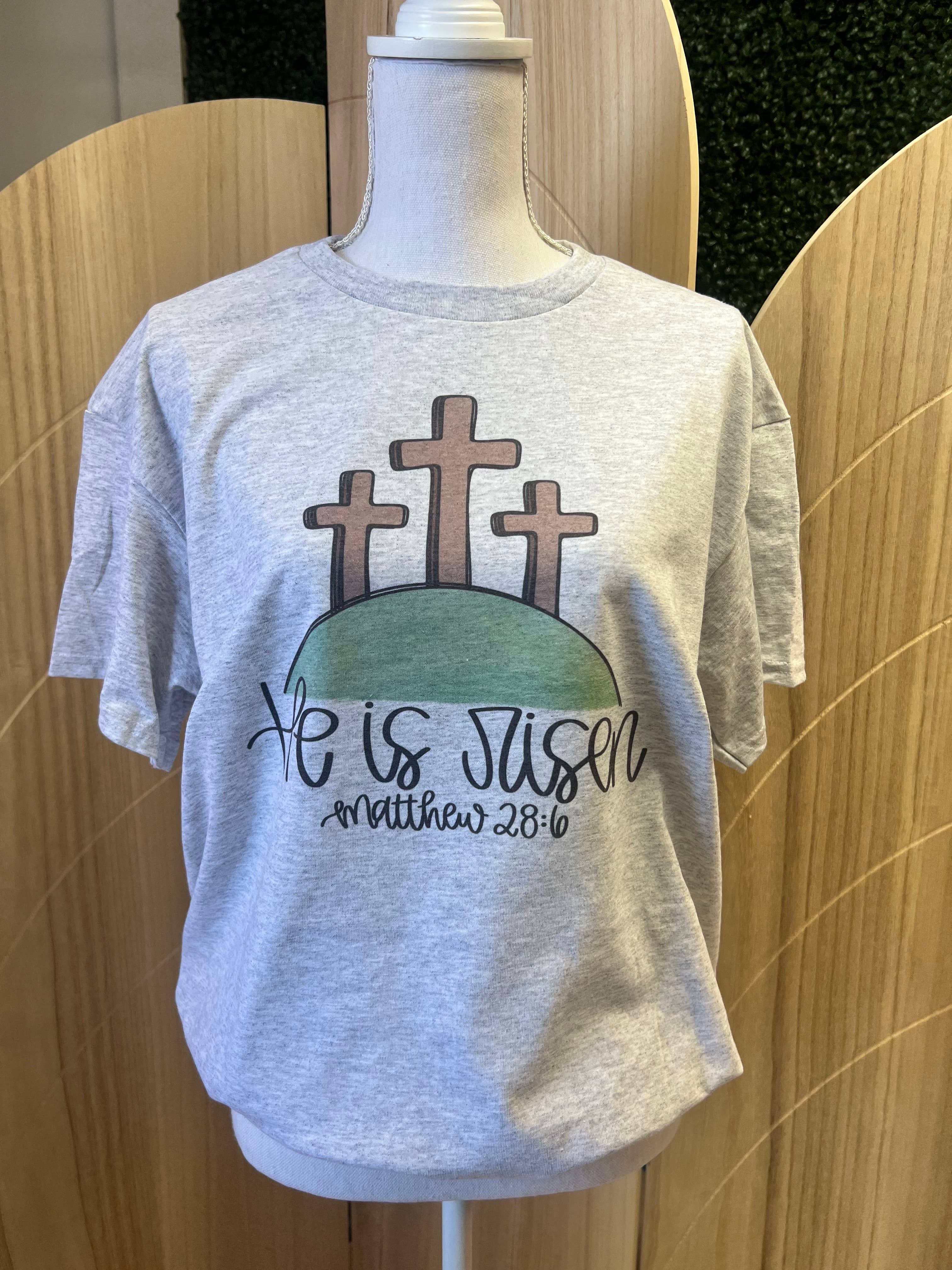 He Is Risen 3 Crosses On A Hill On Ash Gray Tee