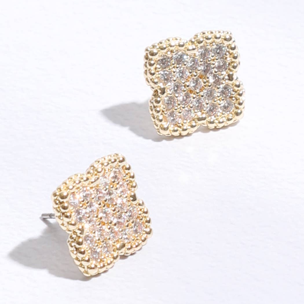 Pave 15mm Clover Gold Post Earrings