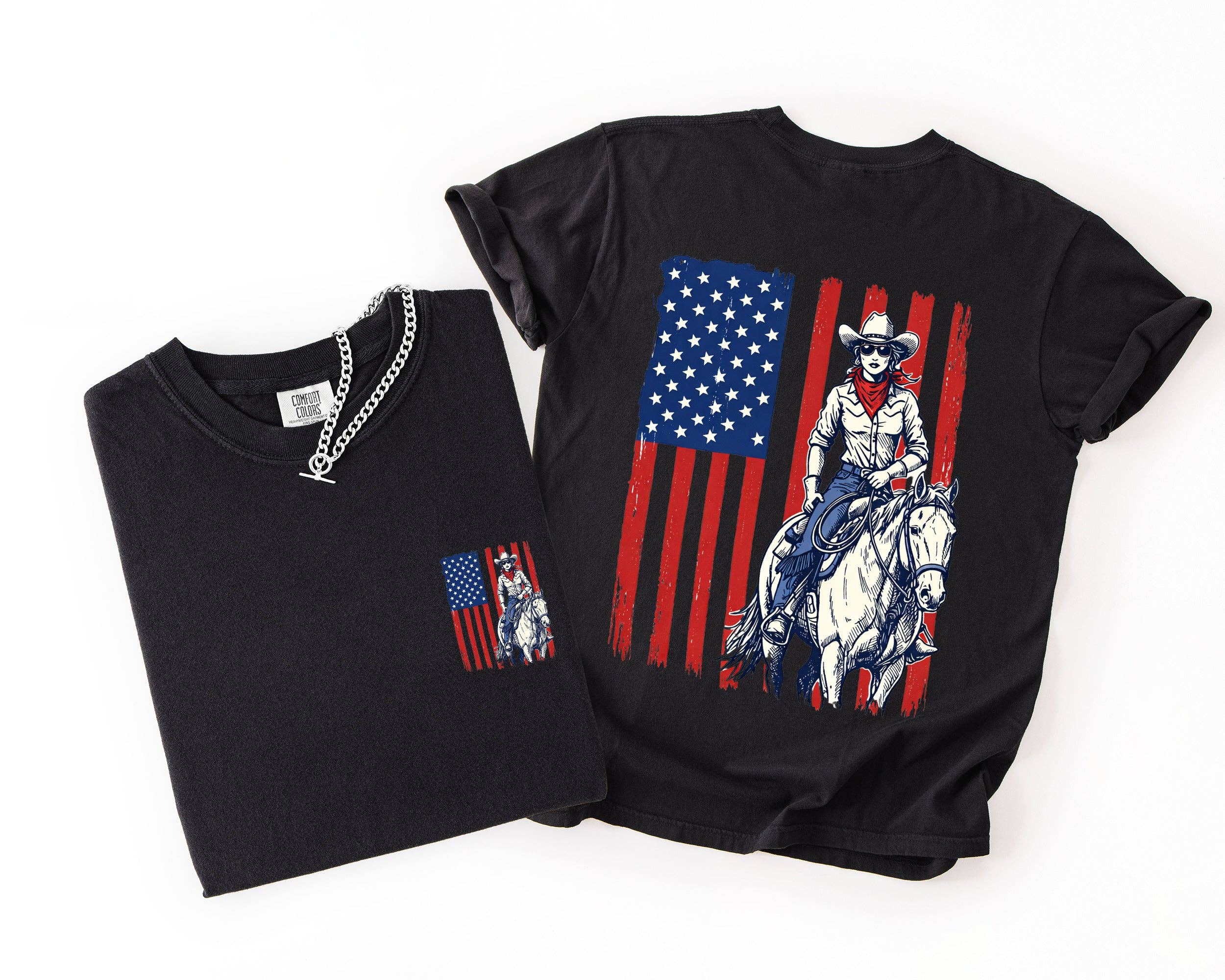 American Girl, Western, USA Flag, Horse, 4th of July T-Shirt