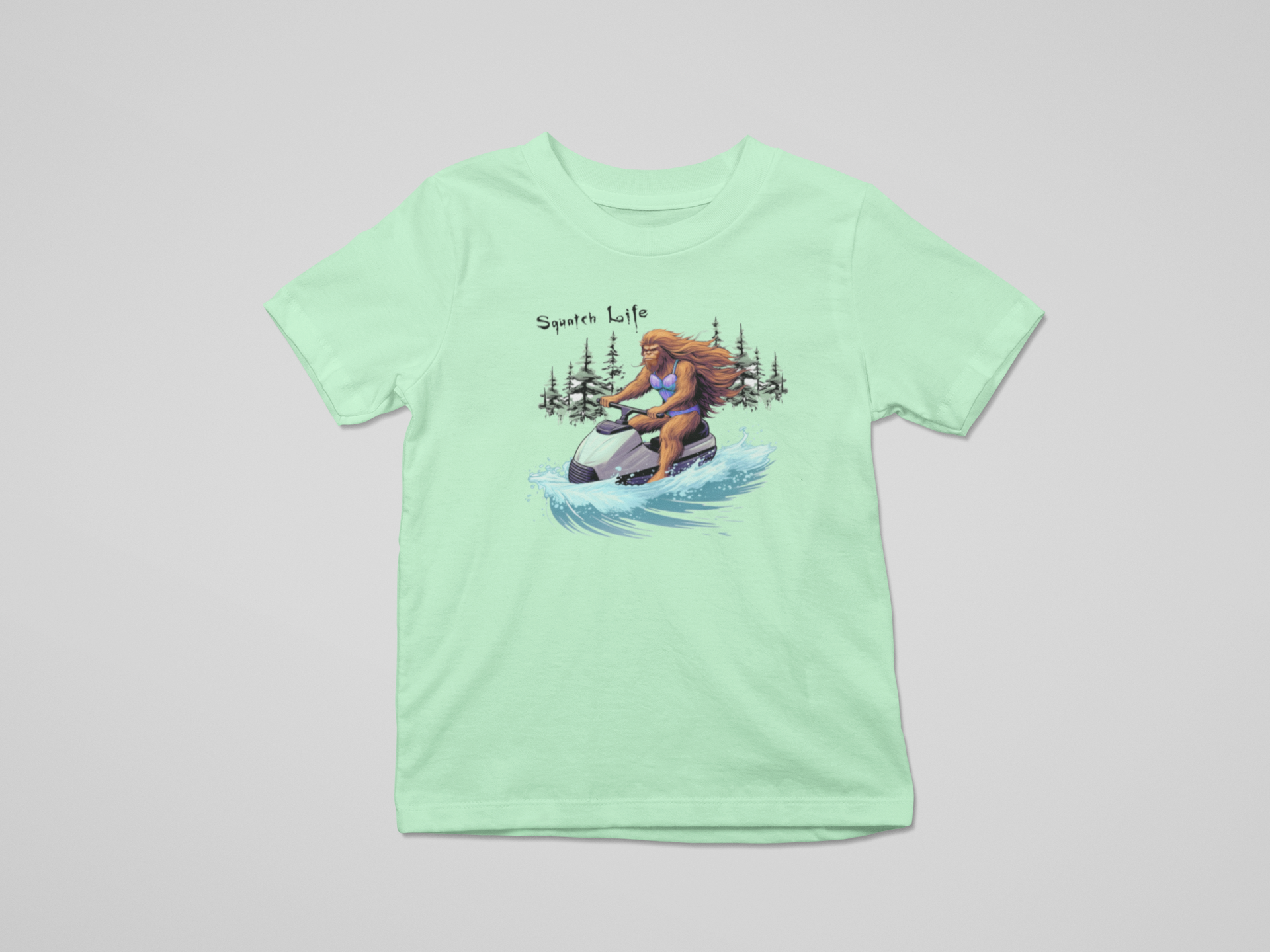 Squatch Life Jet Skiing Girl Bigfoot Mint Green T-Shirt