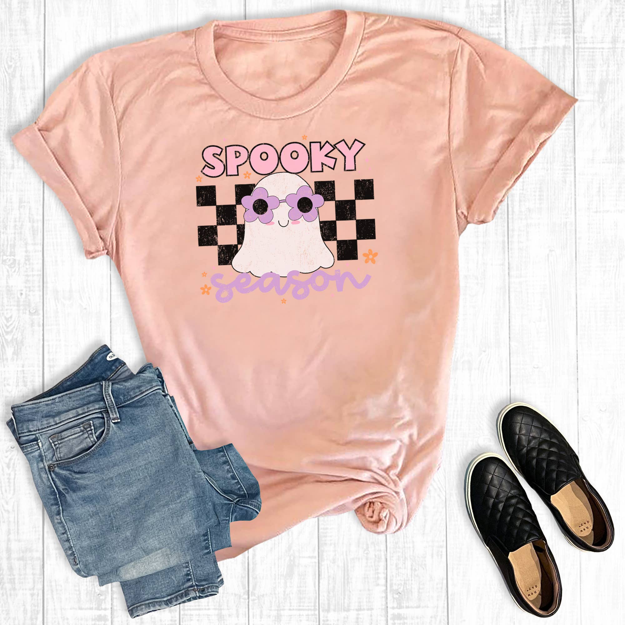Retro Checkered Spooky Season Ghost Graphic Tee