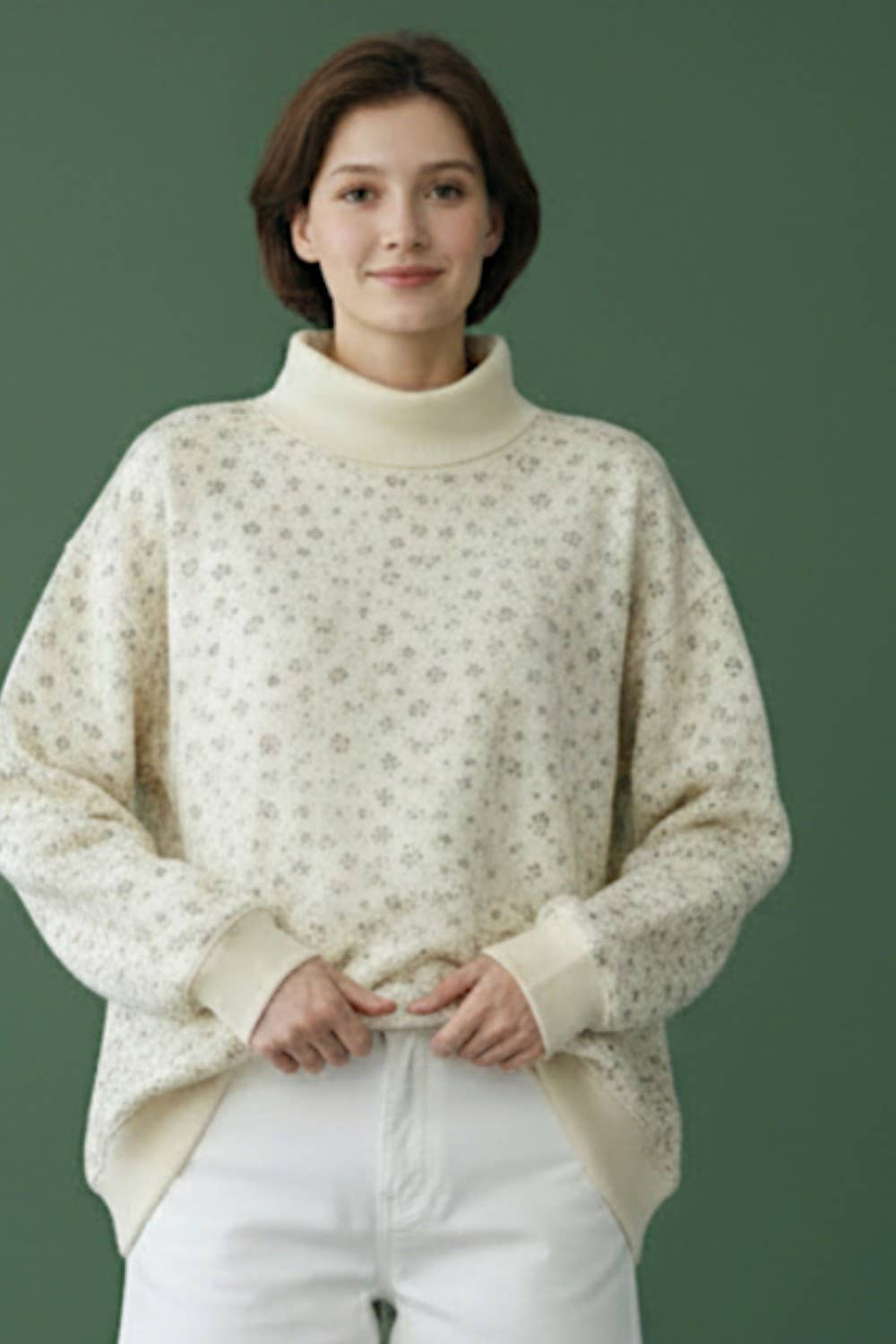 IT2594-4 Floral Print Oversized Mock Neck Sweatshirt