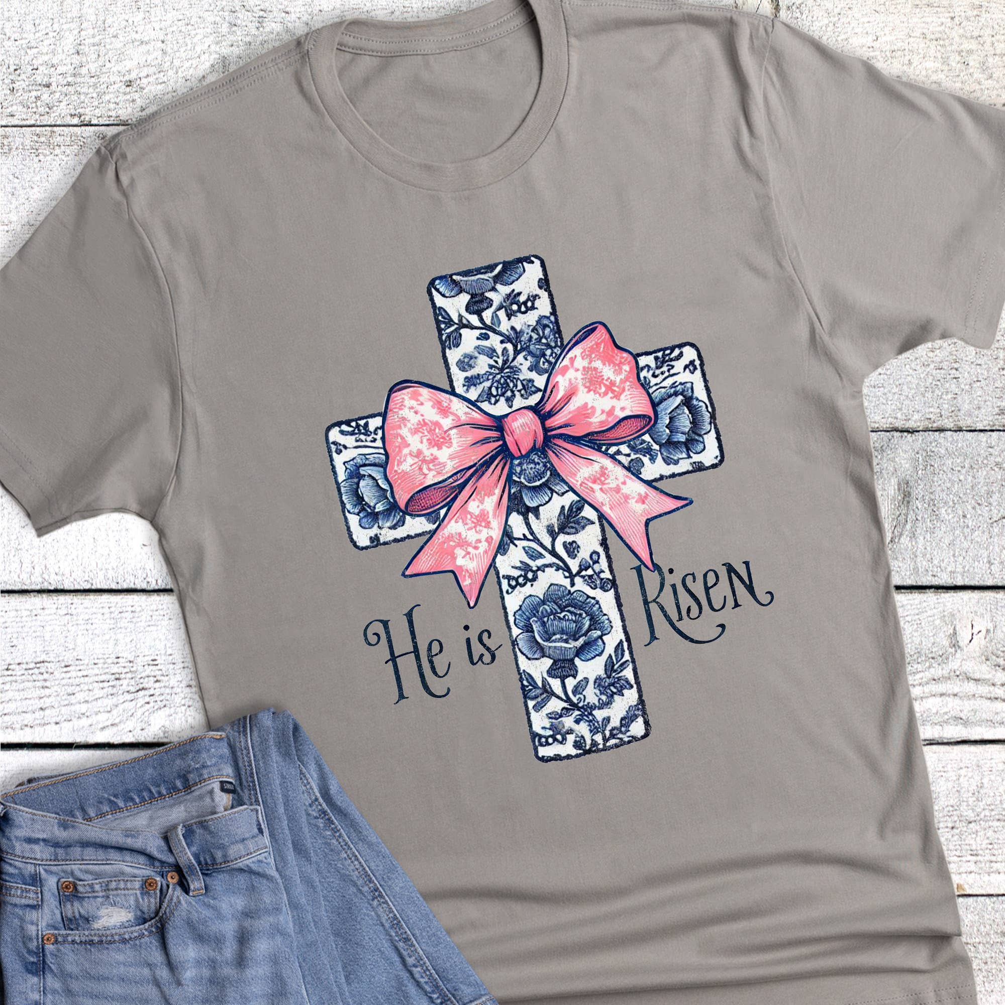 Easter Toile Chinoiserie Cross He Is Risen Graphic Tee