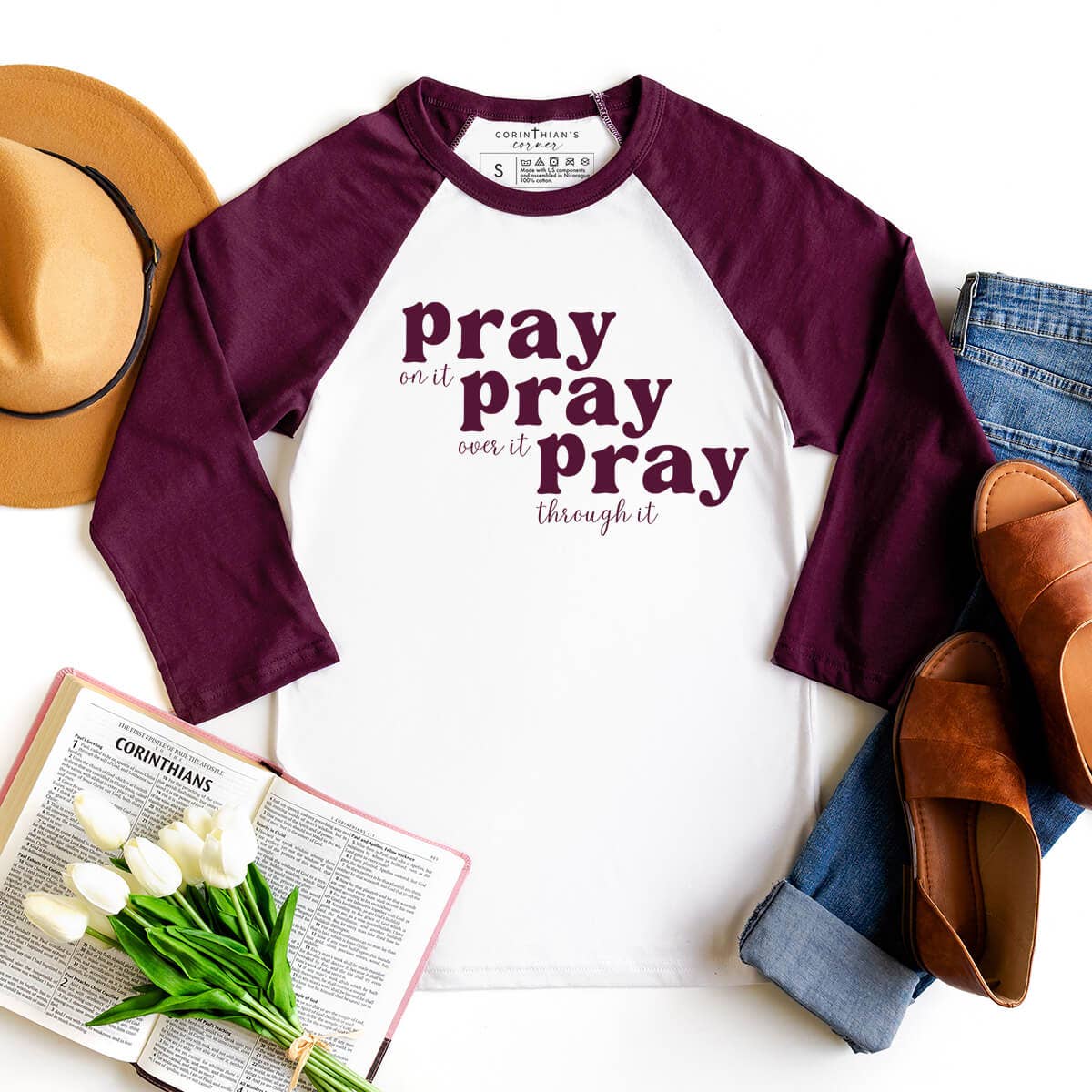 Pray Pray Pray 3/4 Sleeve Graphic Christian T-Shirt
