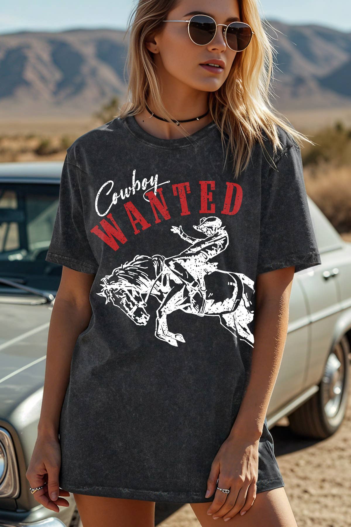Women Cowboy Graphic Print Mineral Wash Top