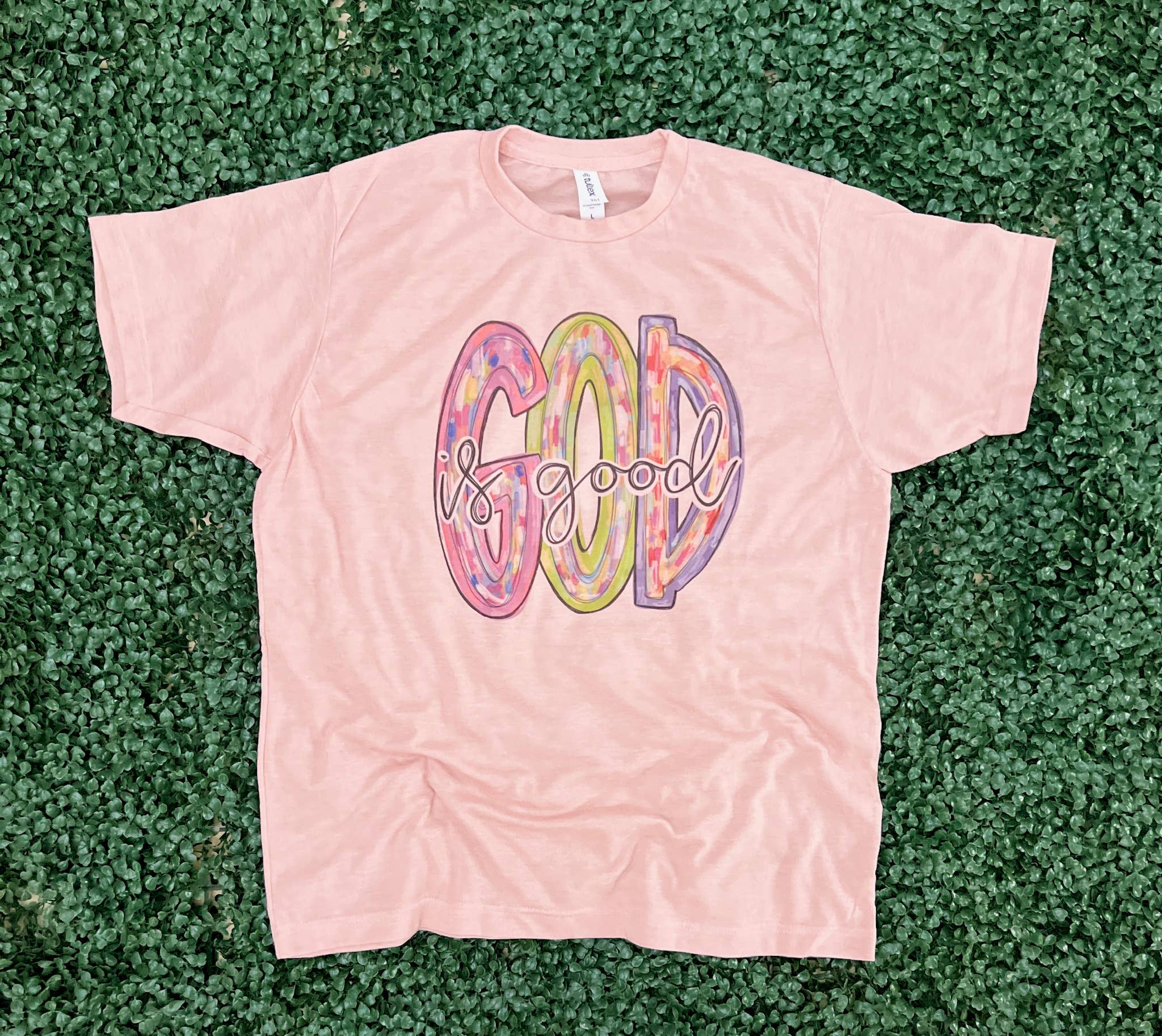 God Is Good Messy Paint On Heather Peach Tee