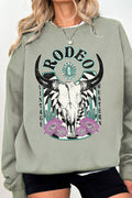 Rodeo Turquoise Stone Cow Skull Graphic Brushed Sweatshirts