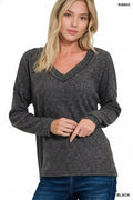 , Ribbed V Neck Drop Shoulder Brushed Sweater