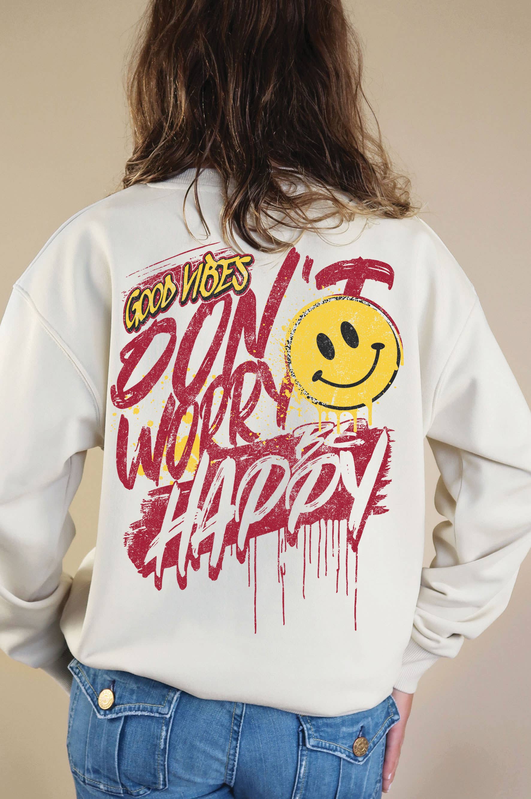 Good Vibes Happy Smiley Face F&B Graphic Brushed Sweatshirts