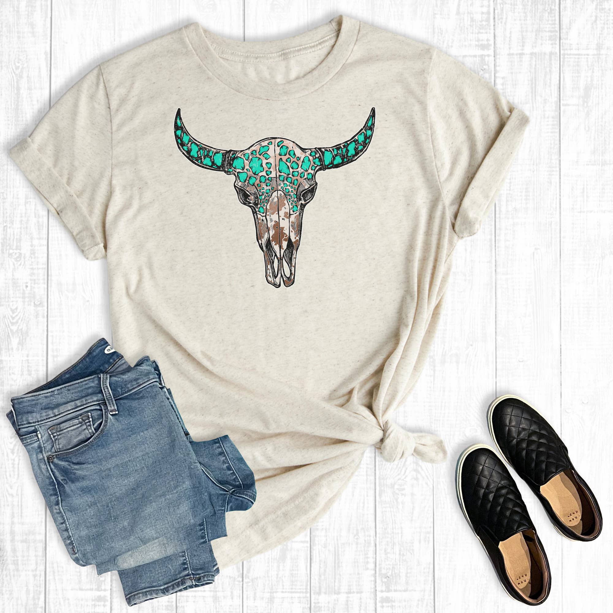 Turquoise Cowprint Skull Graphic Tee