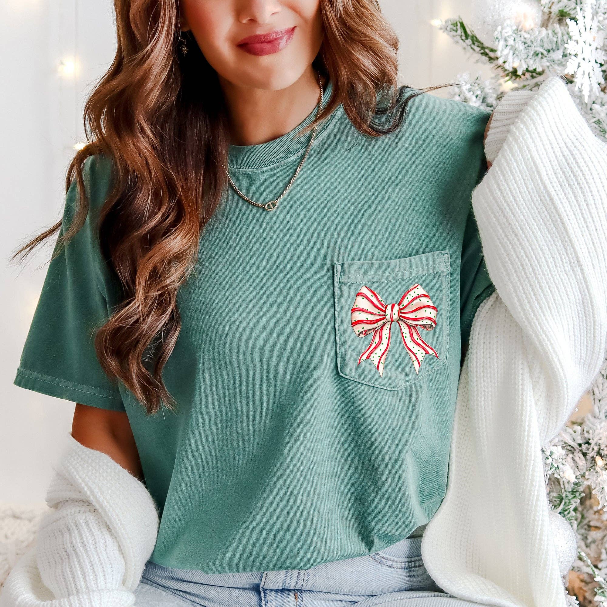 Christmas Cake, Ribbon, Bow, Pocket Tee