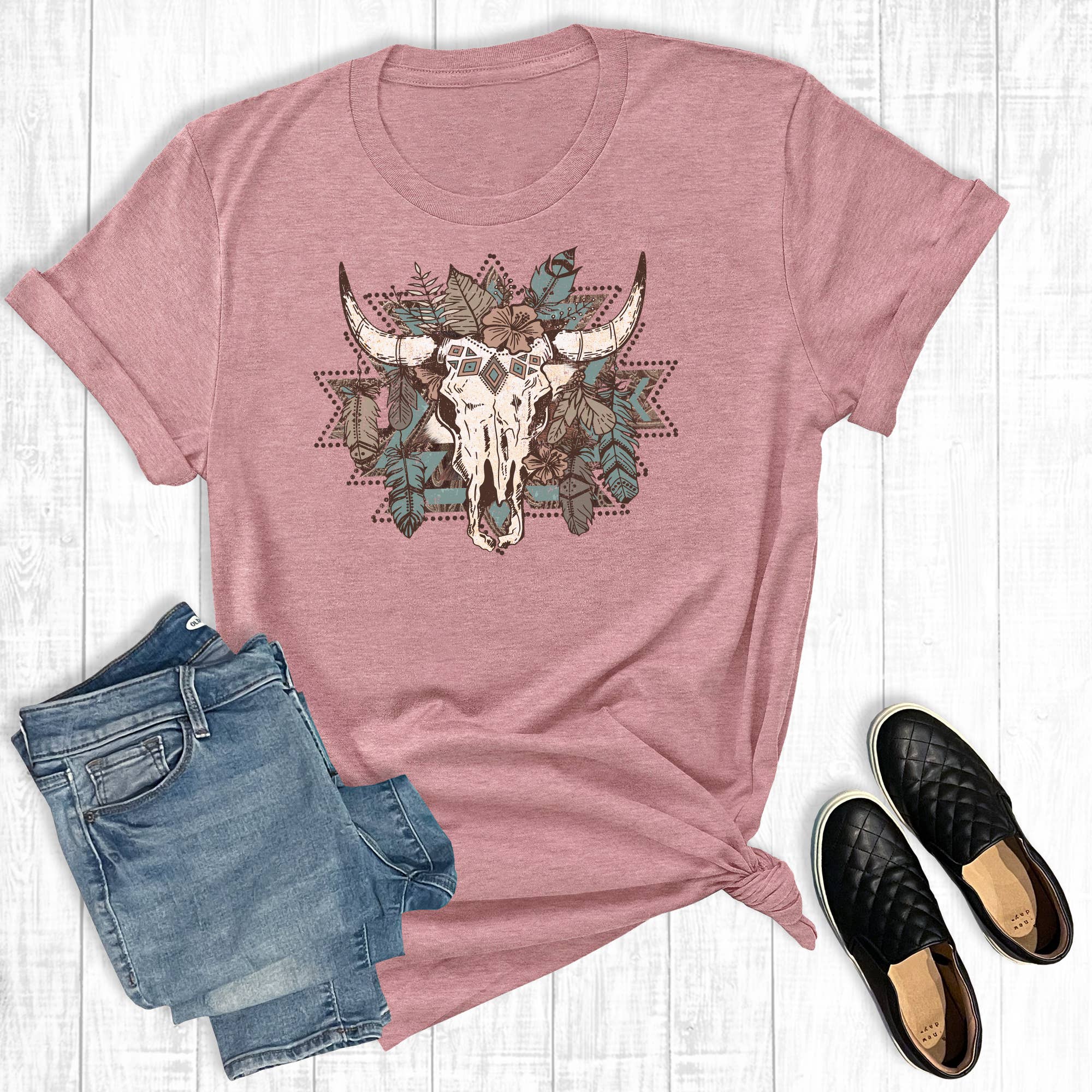 Western Aztec Boho Cowskull Graphic Tee