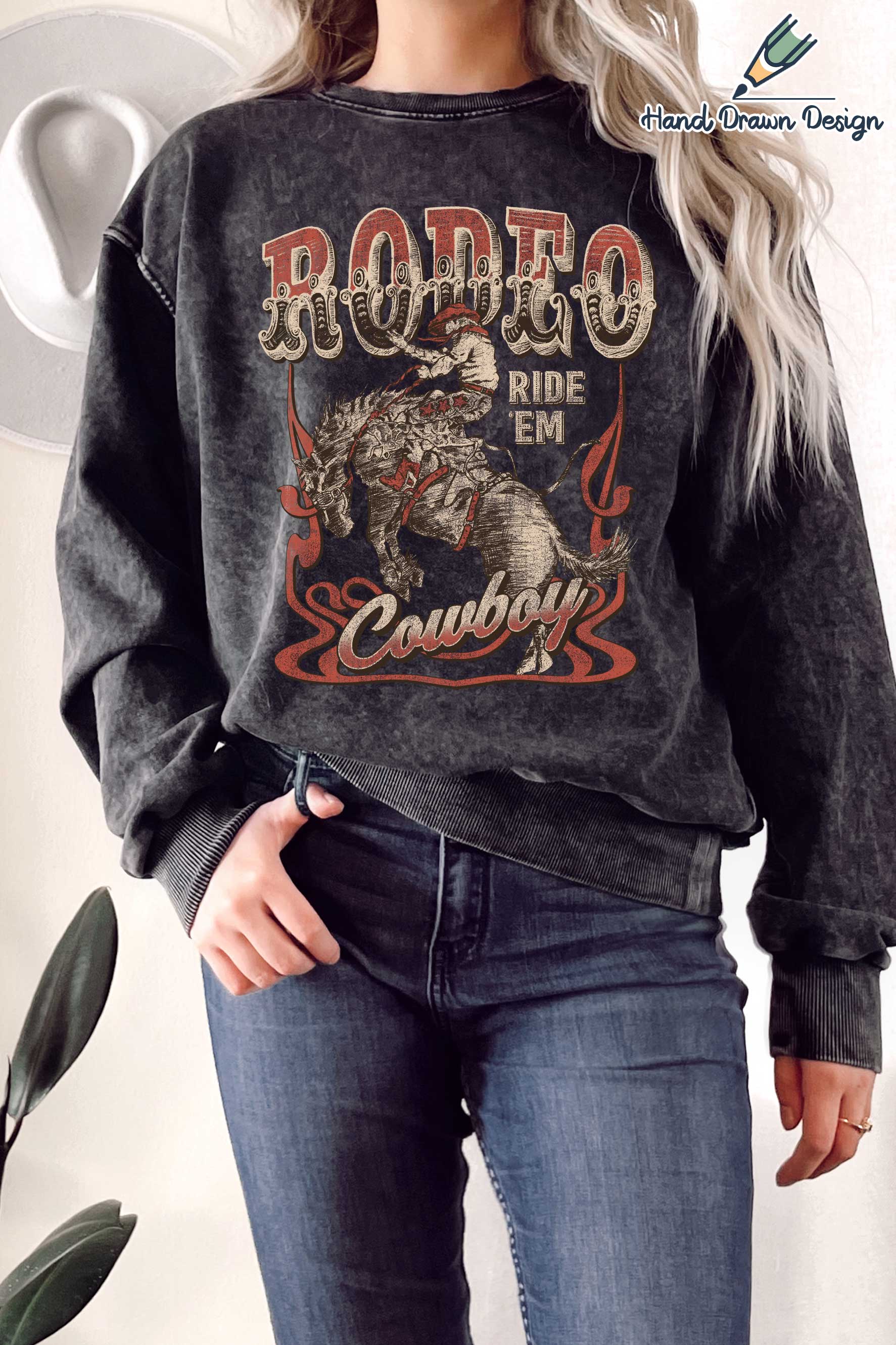 Rodeo Cowboy Hand Drawn Graphix Mineral Terry Sweatshirts