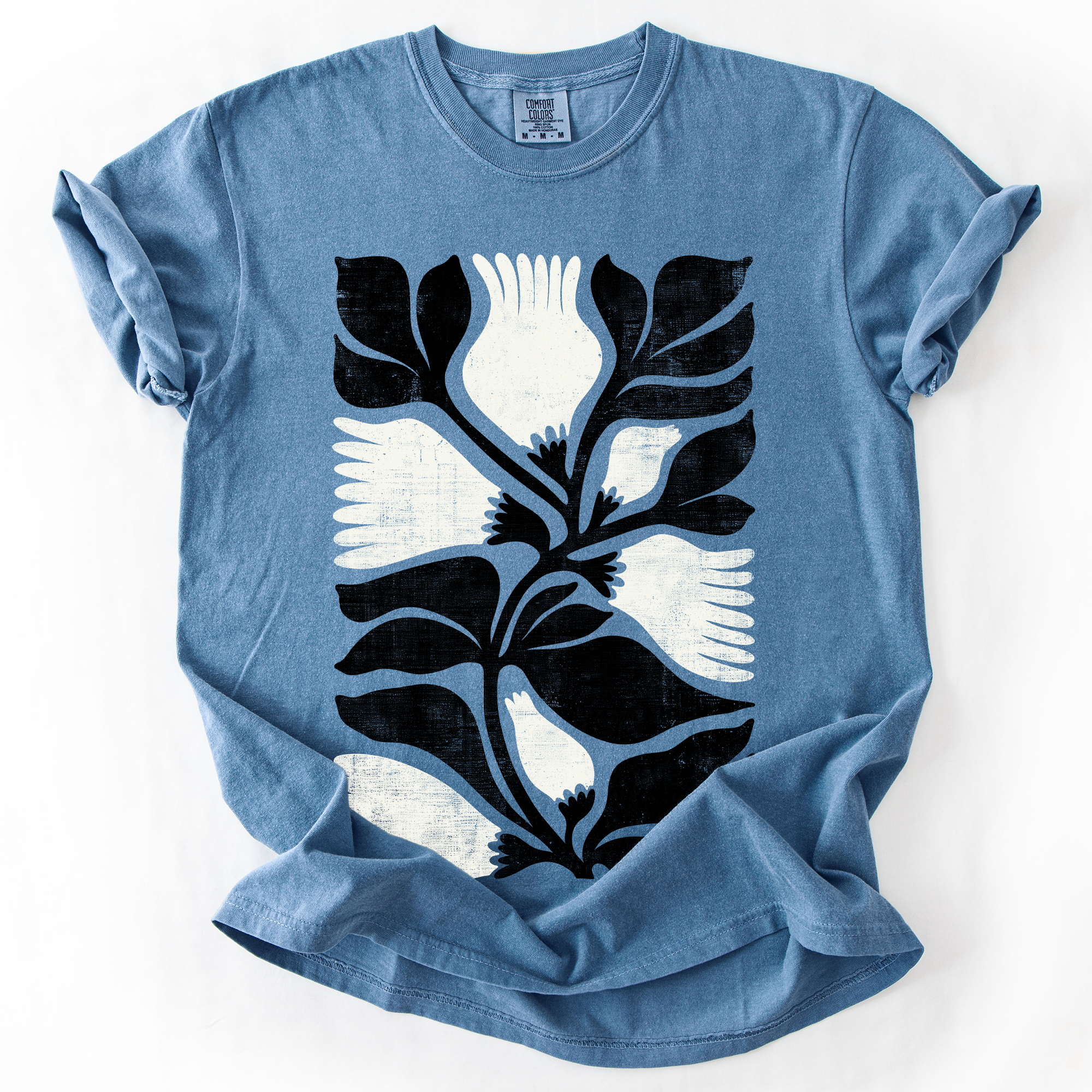 White Petal Flower and Black Leaf Vintage Boho Nature Tshirt
