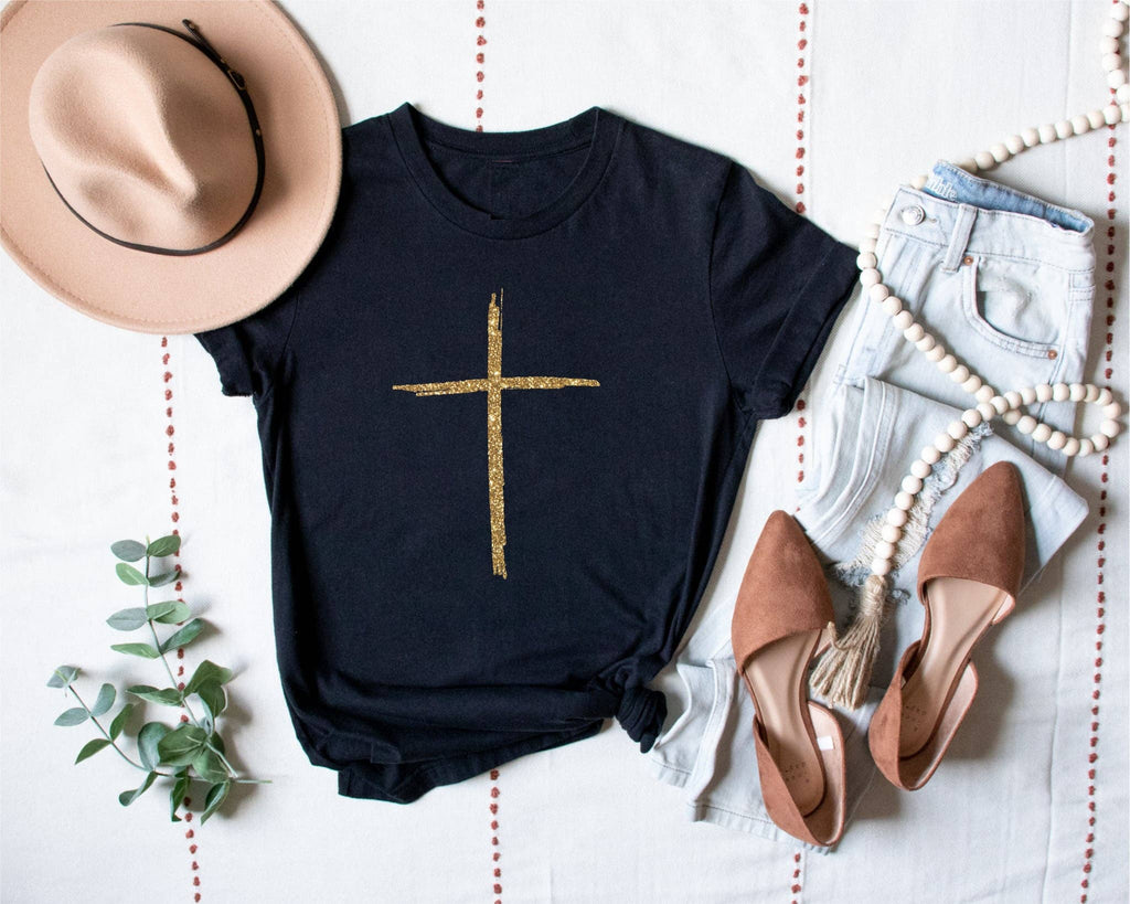 Gold Cross Black Faith Based Fall Graphic Tee