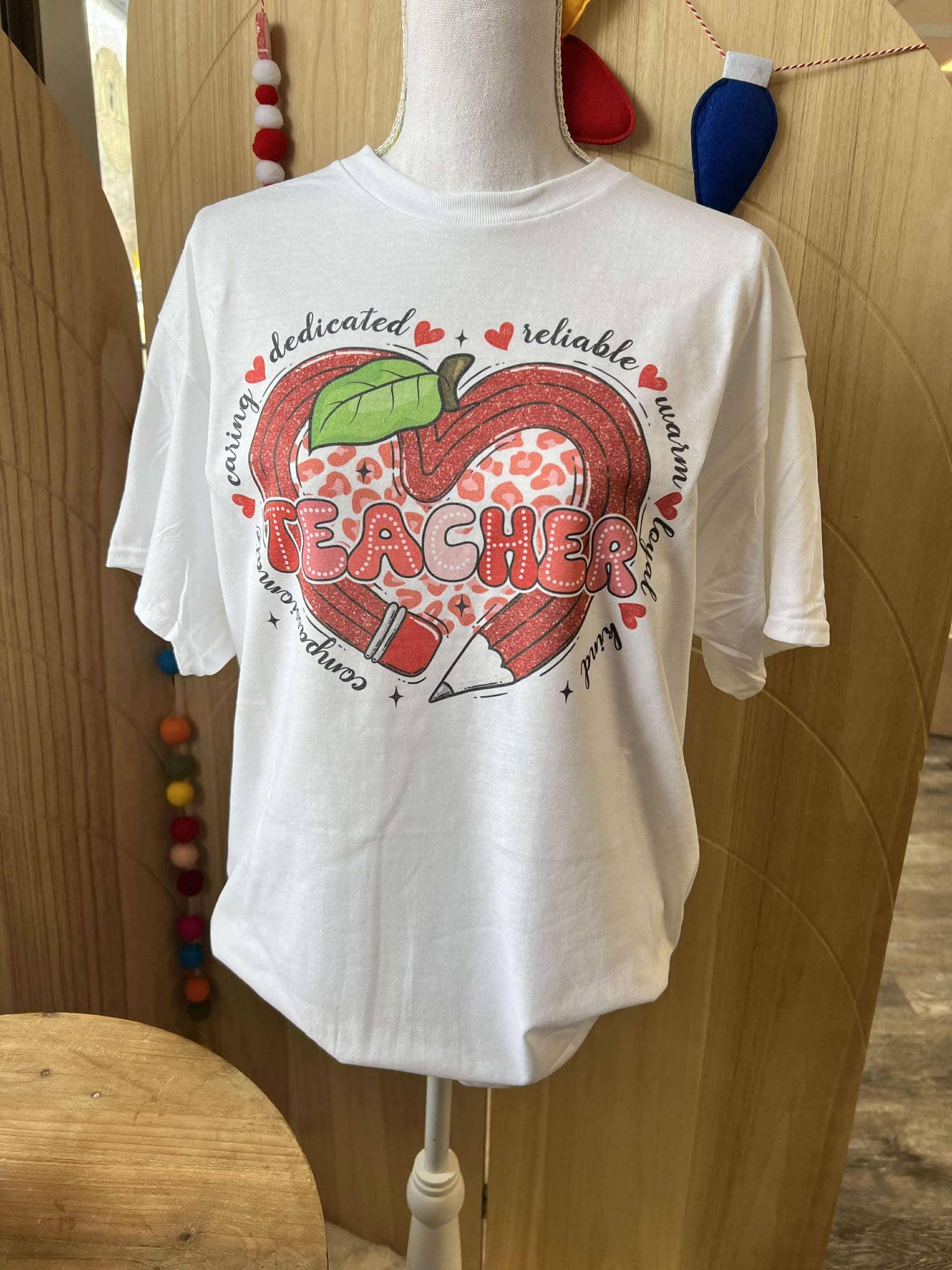 Teacher Red Heart Shaped Pencil Valentine's Day - White Tee
