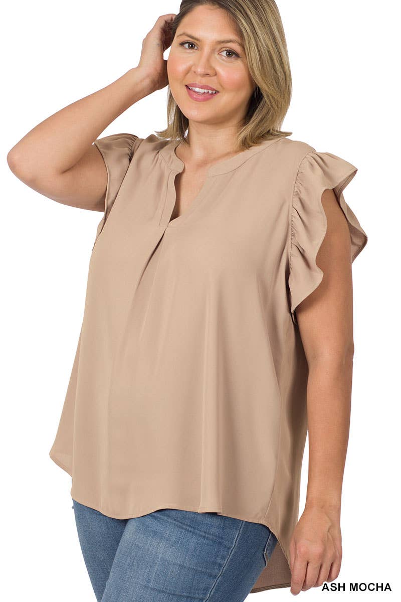 ..._ SI-22389 Plus Size Woven Wool Peach Ruffled Sleeve High-Low Top