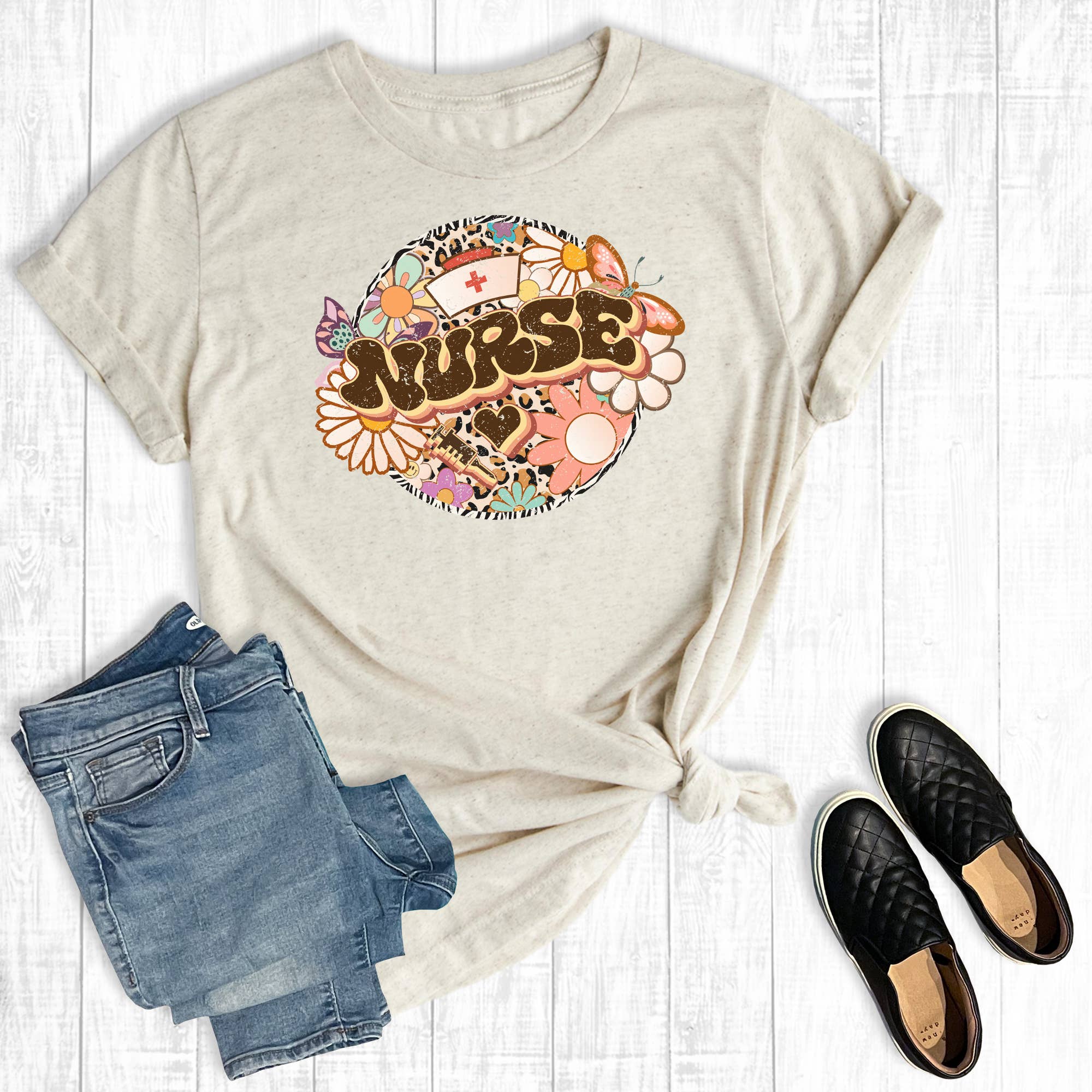 Retro Leopard Floral Nurse Graphic Tee