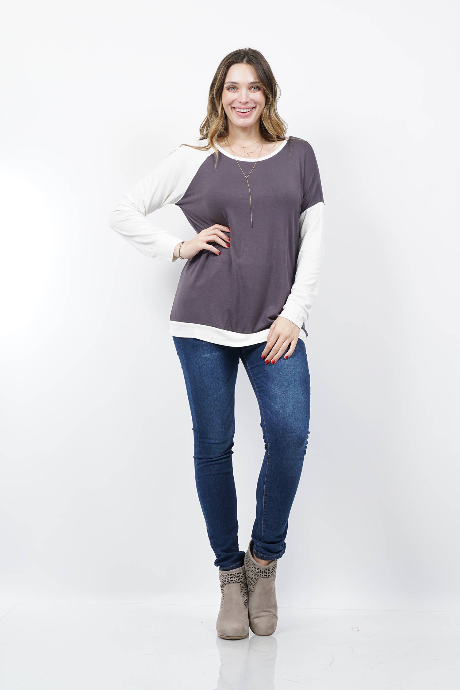 ._ SI-12019 Plus Size Asymmetric Sleeve Top