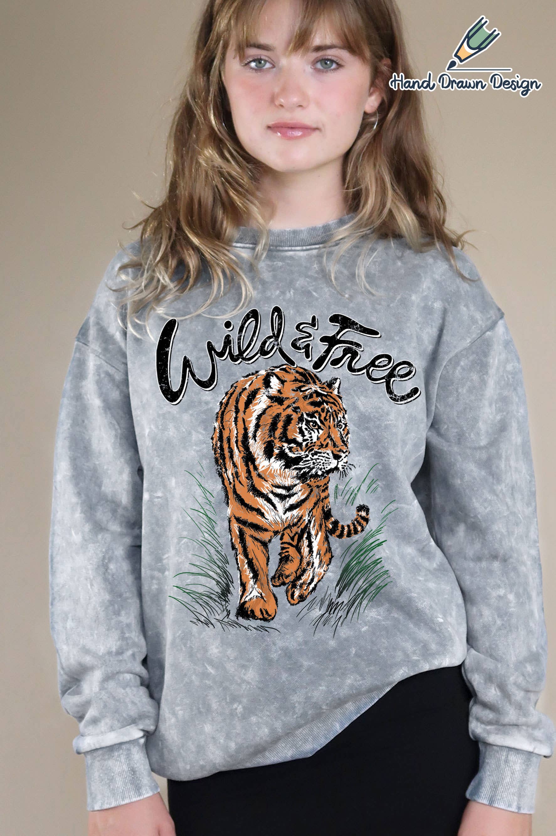 Wild and Free Tiger Hand Drawn Mineral Brushed Sweatshirt